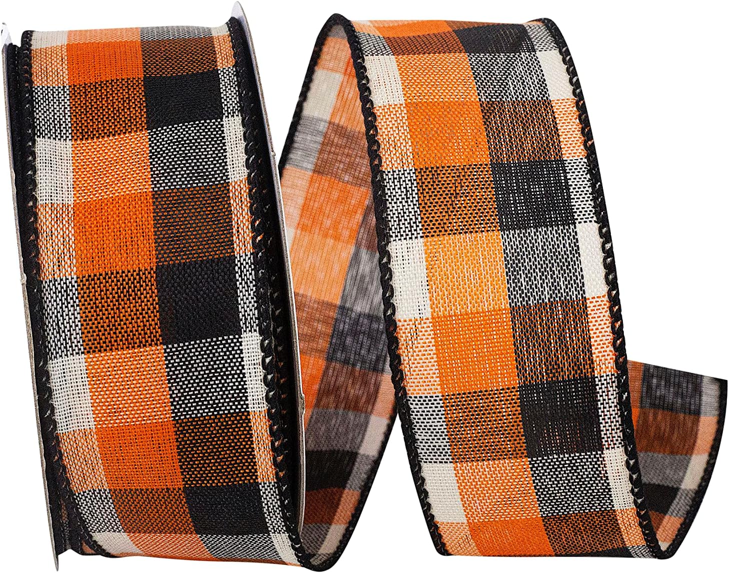 Reliant Ribbon Afternoon Tonal Plaid Wired Edge Ribbon, 2-1/2 Inch X 50 Yards, Orange/black