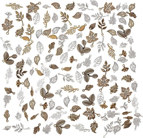 PH PandaHall 184 dijes de hojas de 23 estilos, dijes de hojas de árbol tibetano, abalorios de ramas de cuentas de metal para collar de primavera,