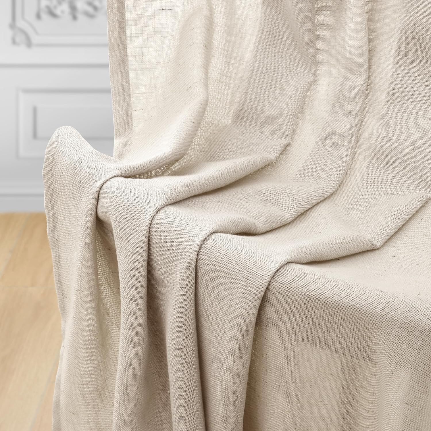 decorUhome Linen Semi Sheer Curtains 102 Inch Long, 2 Panels Light Filtering Curtains Drapes with Rod Pocket and Back Tab for Living Room Bedroom Farmhouse Decor, Beige, W52 x L102