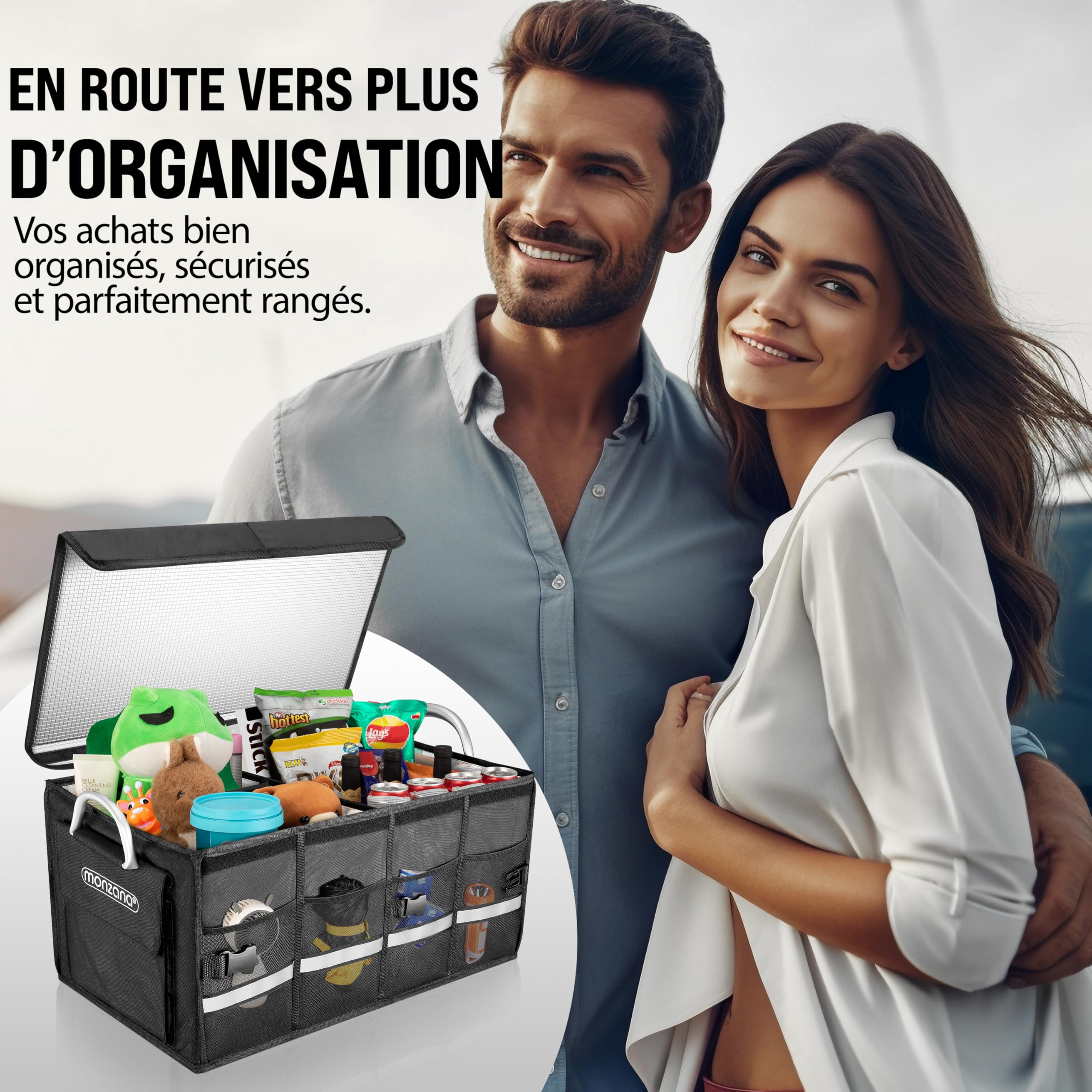 Monzana Organisateur de Coffre de Voiture Noir Isotherme MDF Isolant Couvercle 68L Pliable Parois renforcées Sac de rangement voiture