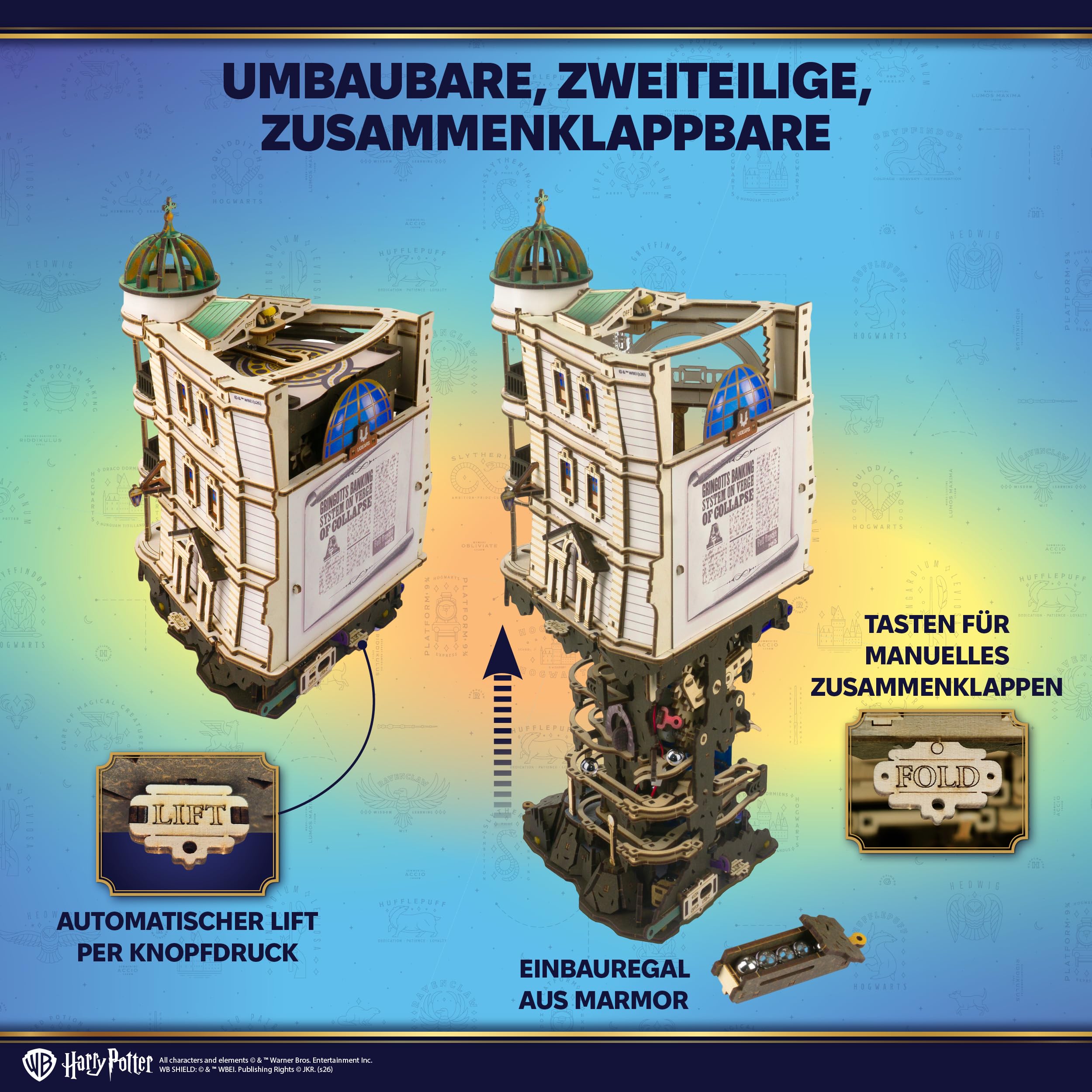 UGEARS Harry Potter Gringotts Bank Murmelbahn Holzpuzzle Erwachsene 3D - Motorisierter Modellbausatz Erwachsene mit LED Licht, DIY kreative Geschenkidee 3D Puzzle Modellbau und Bausätze für Männer