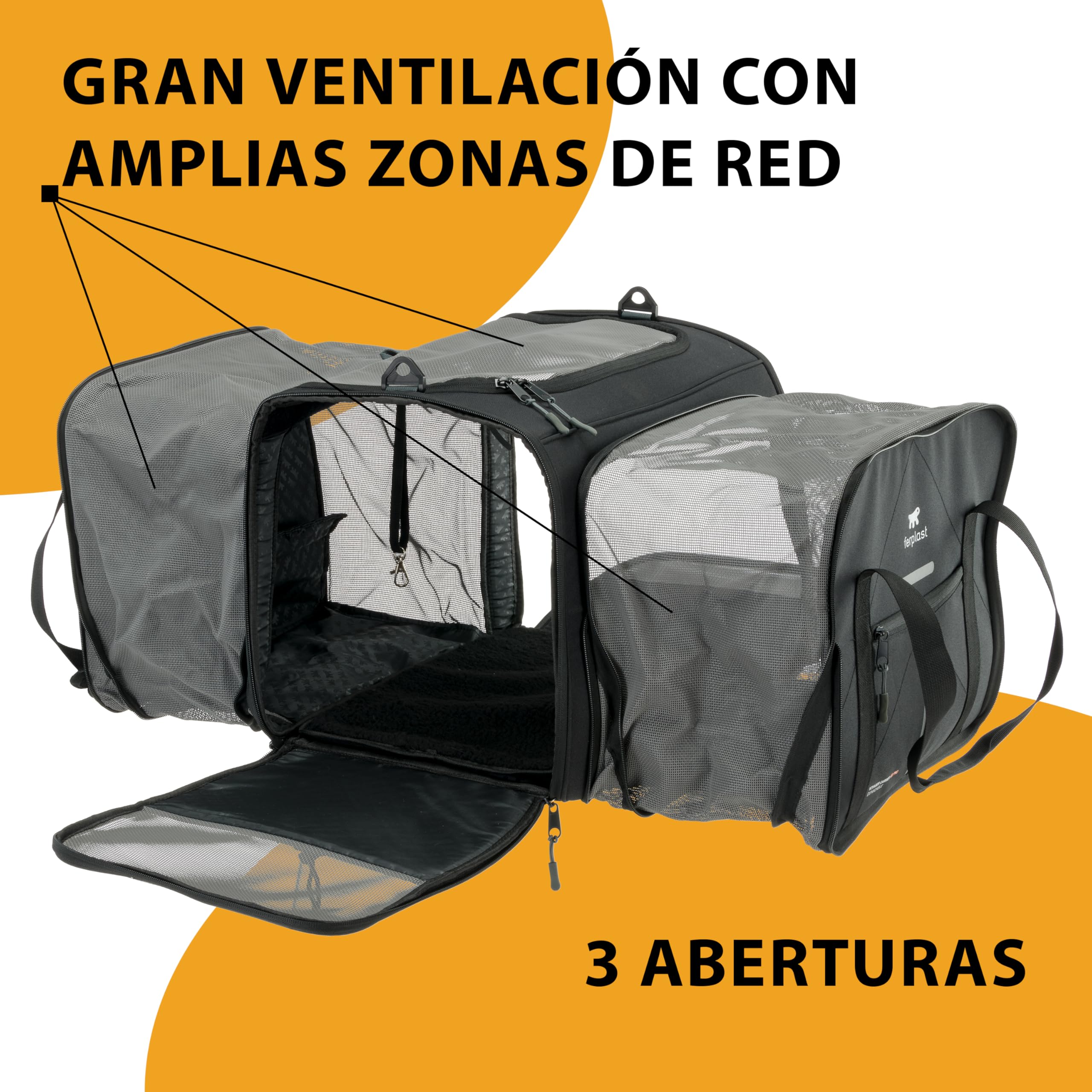 Ferplast Transportín Gato Voyager Pro, Transportín Perro, Mochila para Gatos, Asas y Bandolera Regulables, Correa de Seguridad, Extensible, con Cojín, Máx. 15 kg, 49x37x39h cm, Negro