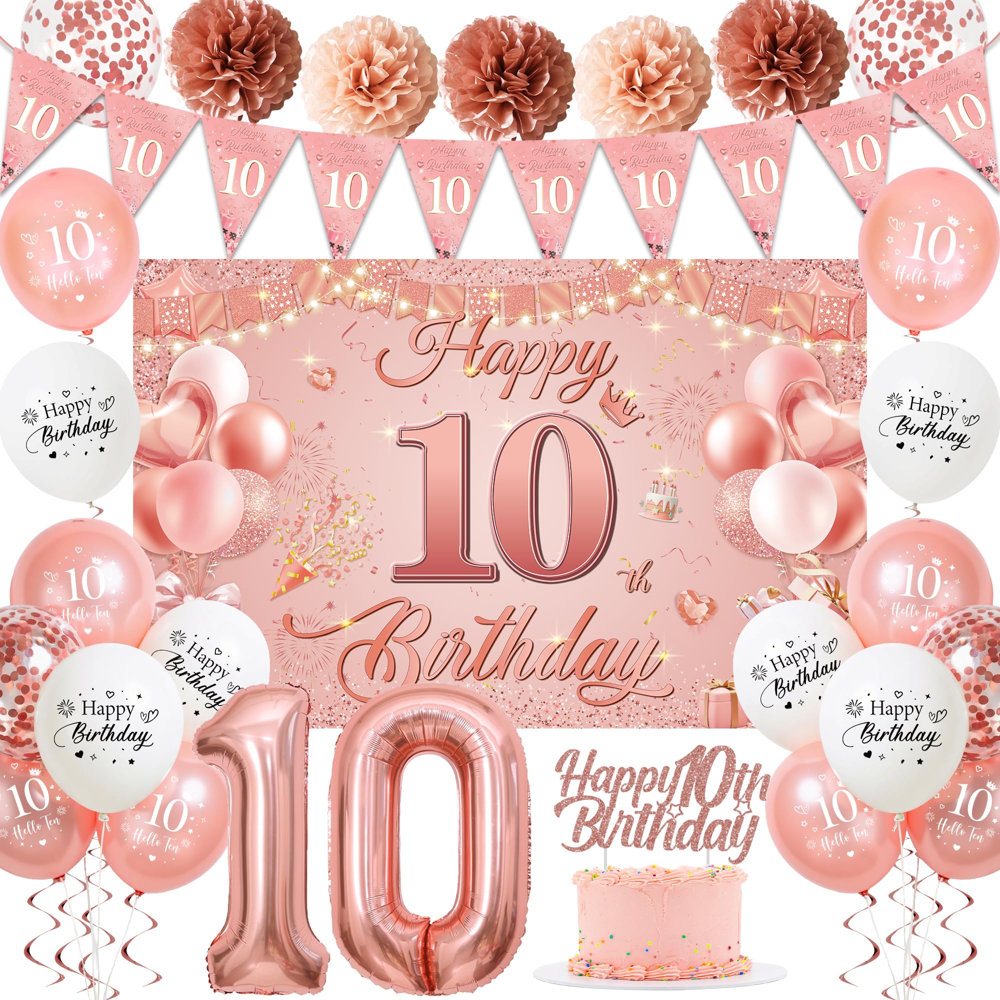 70th Birthday Decorations for Women - Pink Rose Gold 44Pcs 70th Bday Balloon Backdrop Set with Pennant Banner Number 70 Balloons, Photo Backdrop Pom Poms Cake Topper for 70 Year Old Party