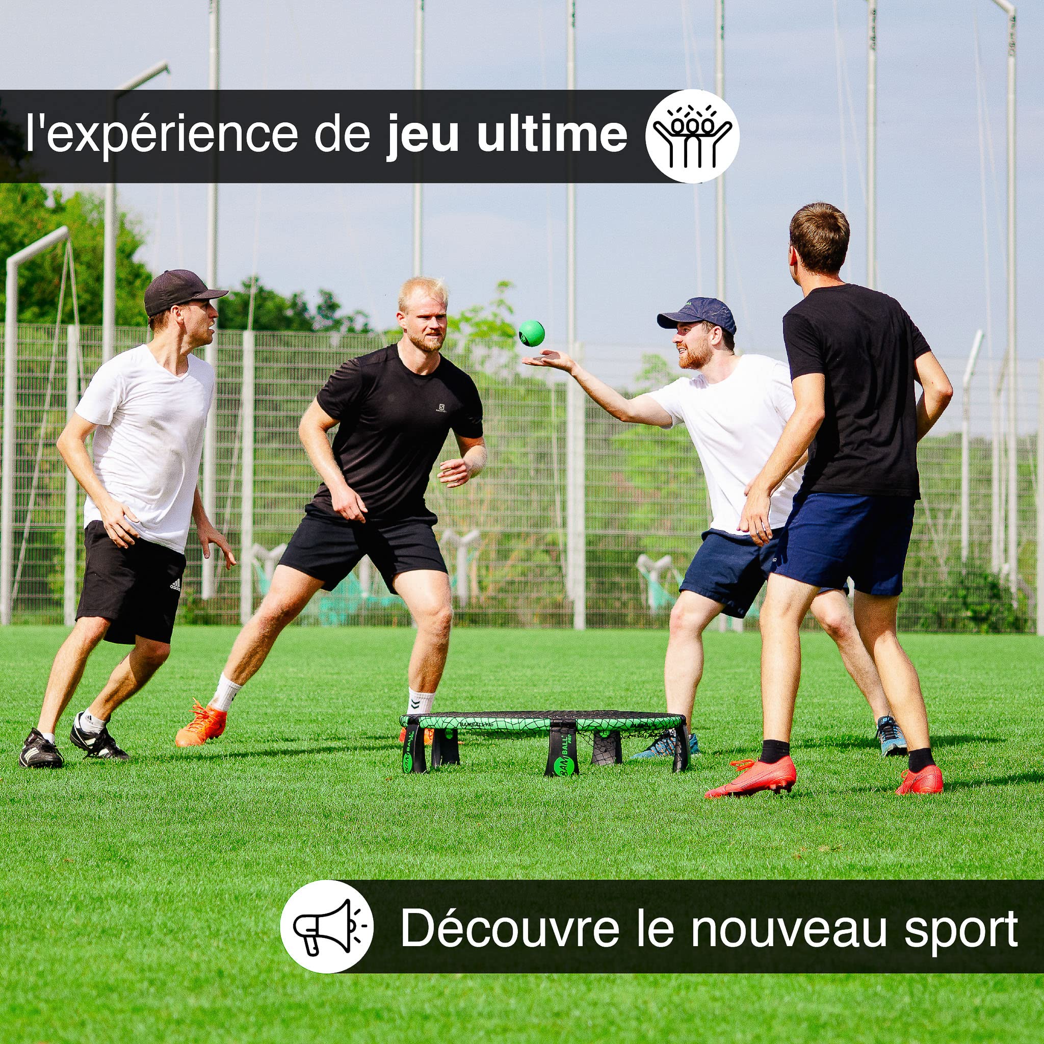 Roundnet Pro Set (édition tournoi) – Avec 3 balles nouvellement développées, sac à dos étanche, filet amélioré, cadre renforcé et pompe à ballon