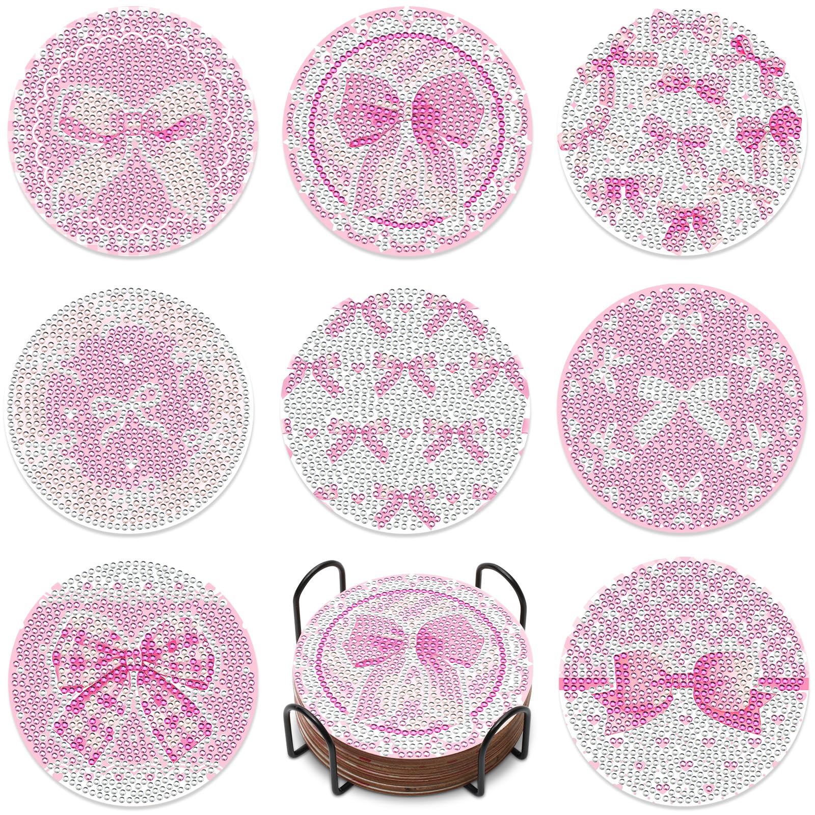 8PCS Pink Bowknot Diamond Art Coasters Set DIY Diamond Coasters Kit Office Home Kitchen Bows Cup Diamonds Painting Coaster