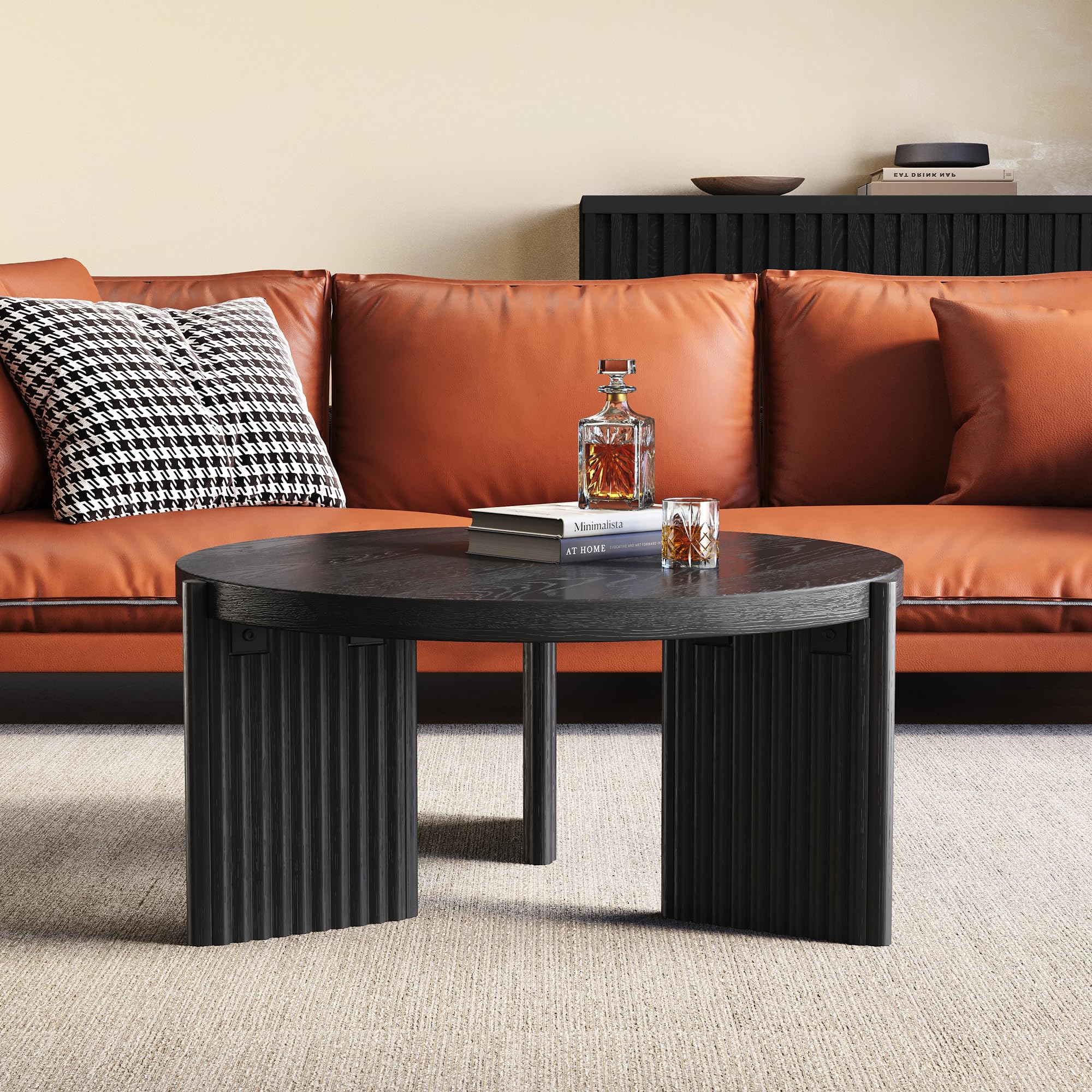 Luoxiao Round Coffee Table, 27.5" Fluted Coffee Tables for Living Room | Small Circle Accent Table for Apartment, Sturdy Ribbed Base, Rounded Edges, Thick Tabletop, Easy Assembly, Modern, Black