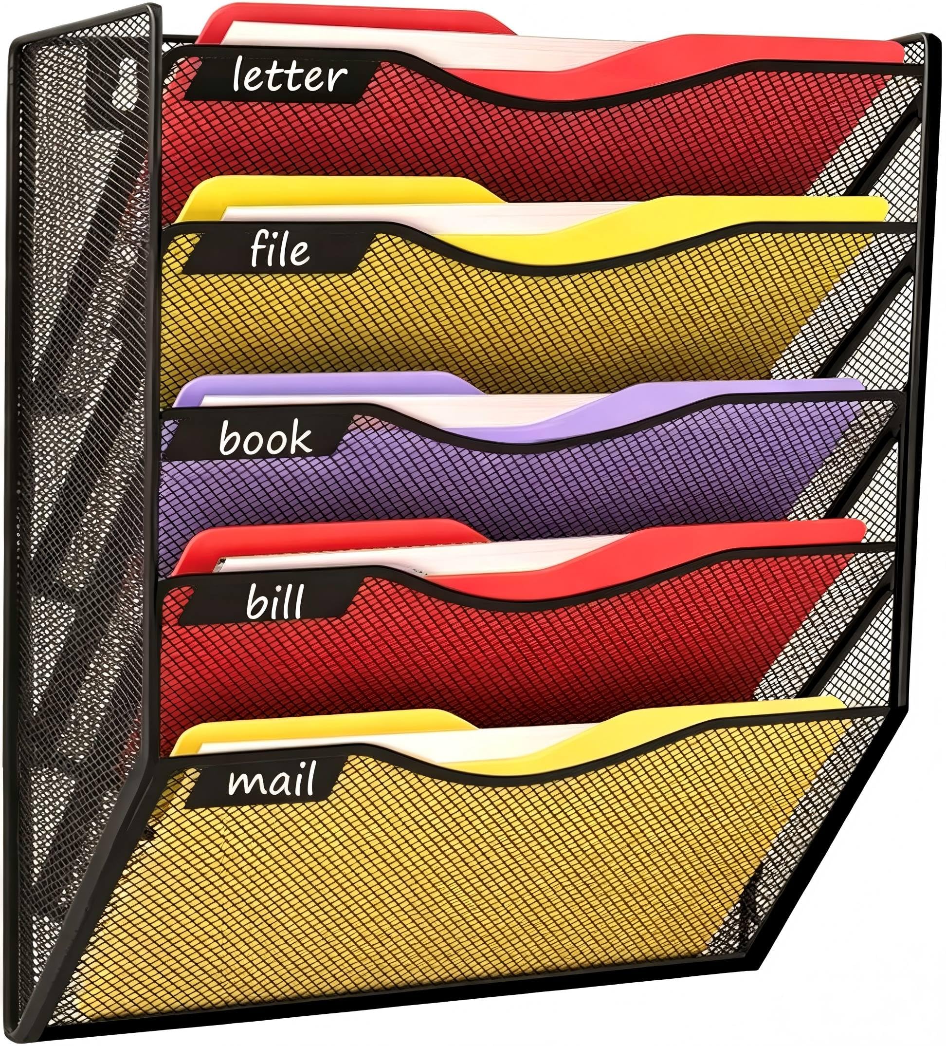 A4-Wandordner, Metallgeflecht, 5 Etagen, Wandmontage, hängende Dokumentenaufbewahrung, mehrere Fächer, Papier- und Zeitschriftenhalter, Schreibwaren-Lösung für Schule, Büro, Zuhause