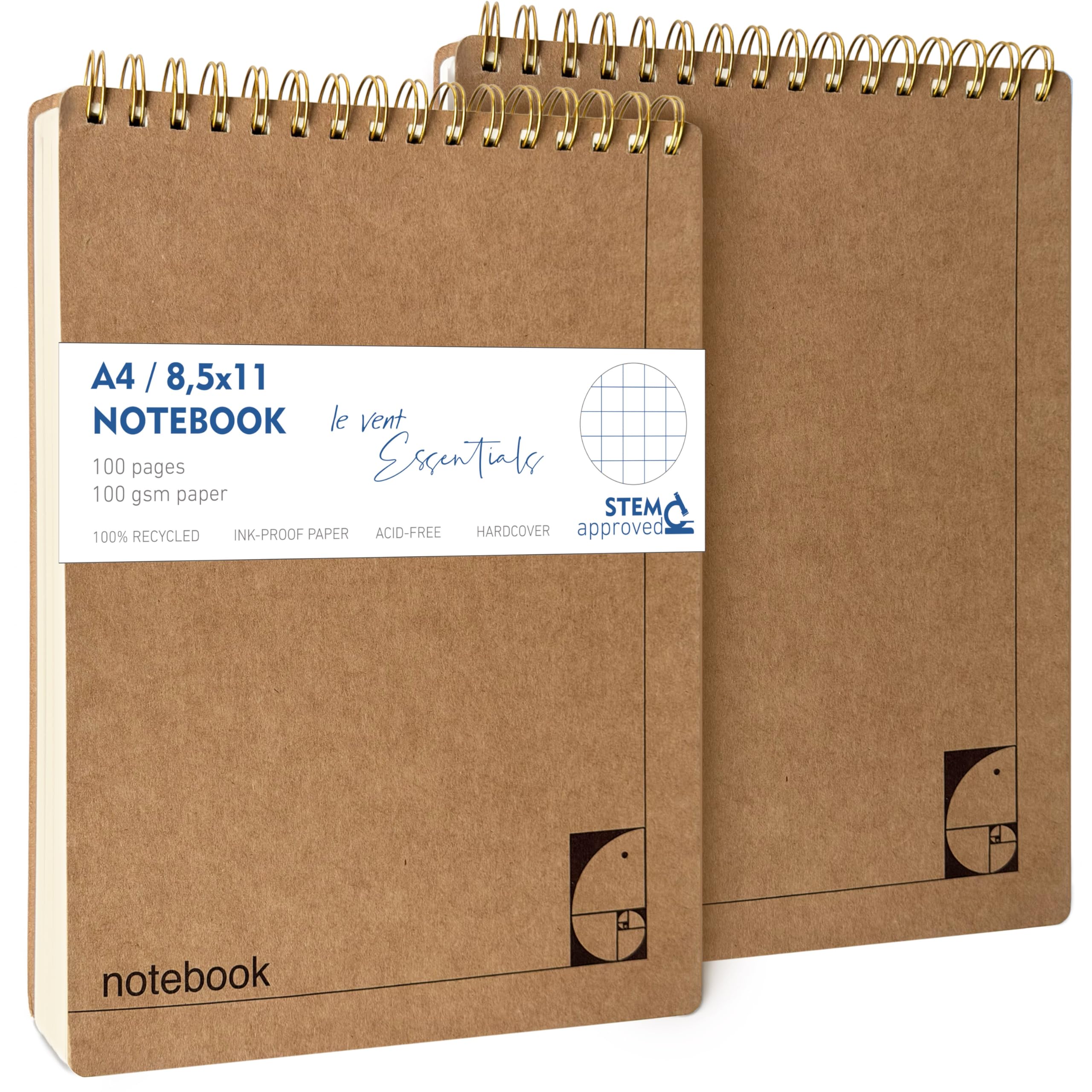 le vent Taccuino a spirale superiore 8,5 x 11 - Blocco note con copertina rigida a quadretti 200+200 pagine, carta spessa 100 g/m², non sbava, formato A4, blocco note per ingegneria, matematica e