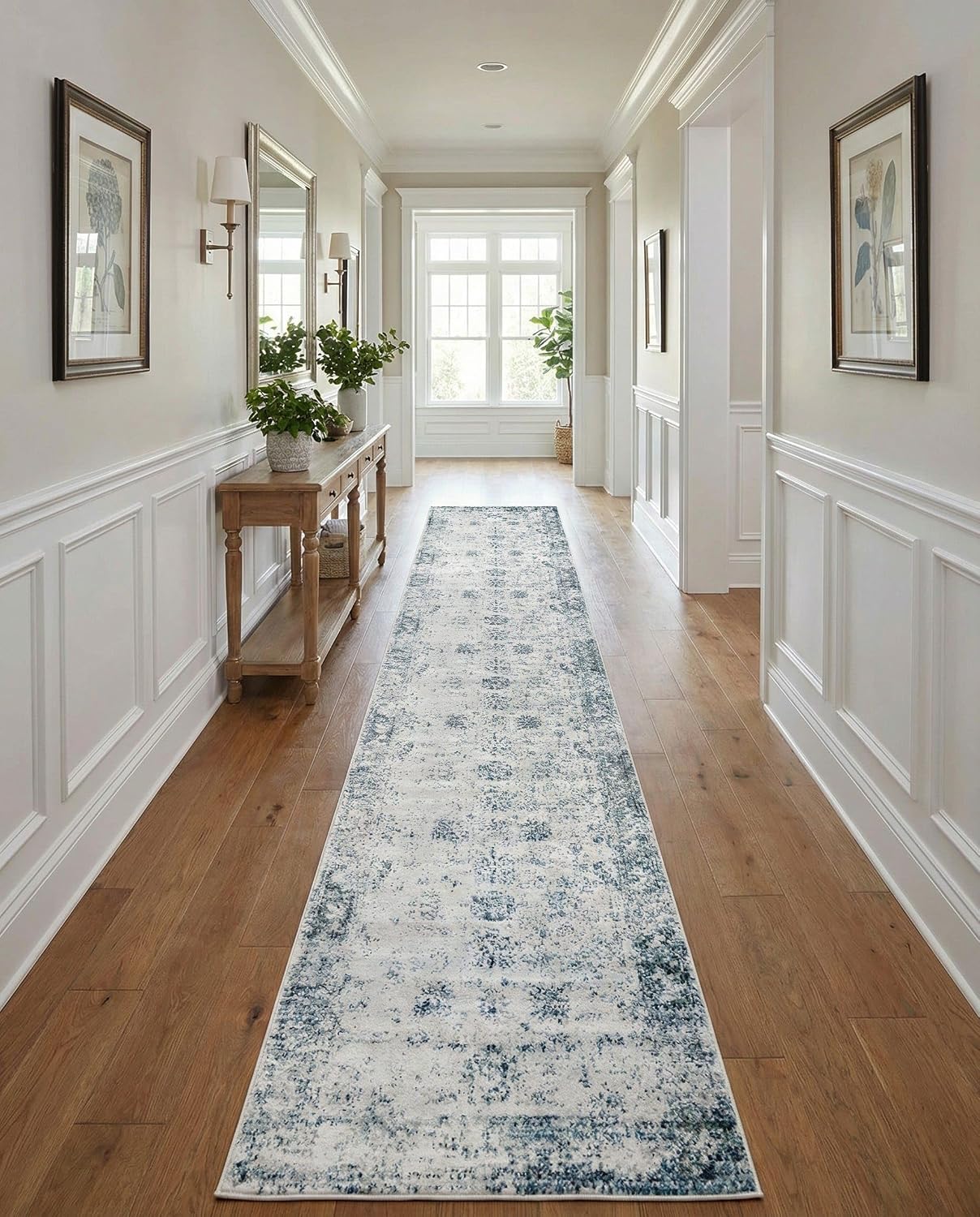 Rugs.com - Monte Carlo Rug – 20 Ft Runner Light Blue Easy-Clean Rug – Distressed Medallion for Hallways, Entryways, and Long Corridors