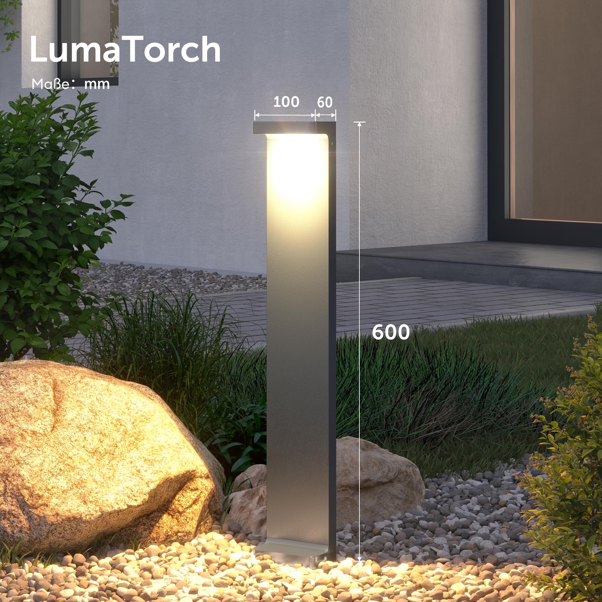 doporro Wegeleuchten Außen Stromanschluss 60cm Gartenleuchte IP65 6W | Gartenlampen für Draußen Strom, 3000K Warmweiß Pollerleuchte Standleuchte Außen, 100x60x600mm, Sandgrau dunkel, LumaTorch