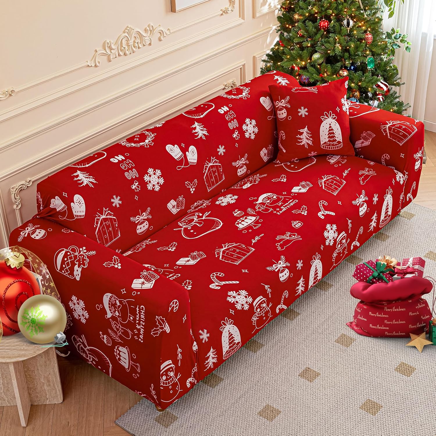 Luxudecor Christmas Sofa Cover Red Stretch Couch Cover Sofa Slipcover for Couches and Loveseat 1 Piece Christmas Theme Sofa Slipcover for Room Furniture Protector (2 Seater)