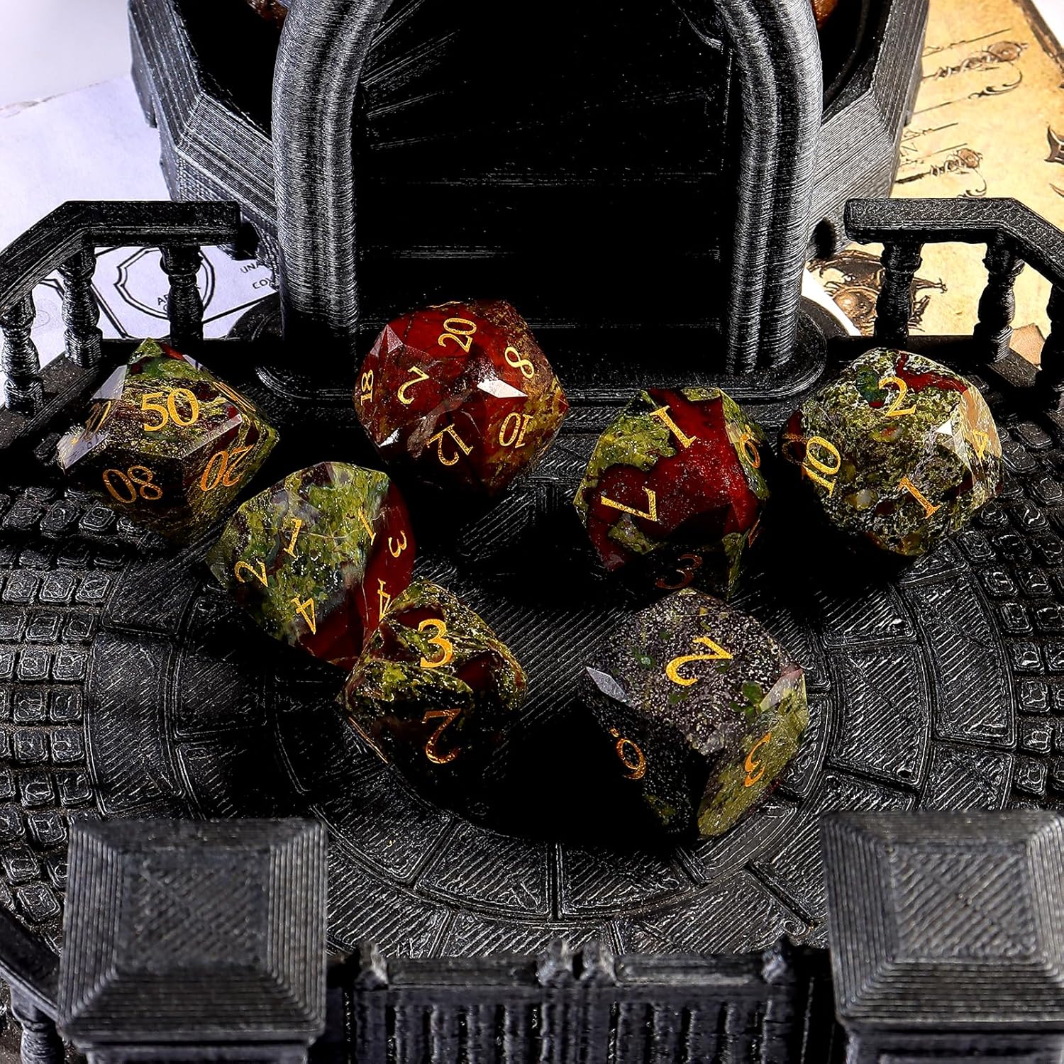 Unique Gemstone Dice Set 7PCS, Handmade Natural Stone Polyhedral DND Dice with Premium Gift Case for Board Game Lovers Birthday Gift