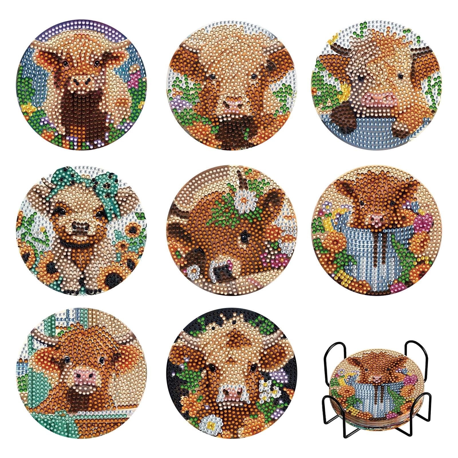 8Pcs Highland Cow Diamond Art Coasters DIY Kit, 9.8x9.8cm Gem Painting Set