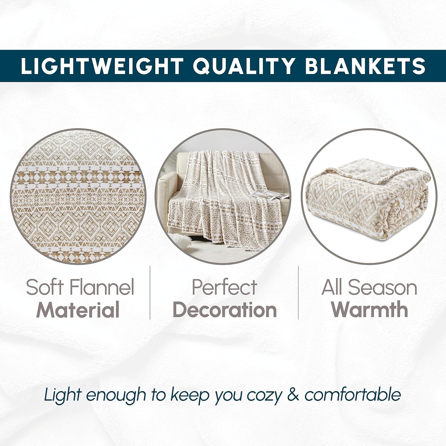 Elegant Comfort Ultra Soft Print Flannel Fleece Bed Blanket, Cozy-Fuzzy Lightweight Bedspread Coverlet, All Season Decorative Blanket for Couch, Sofa, Geometric Design, King Size, Tala