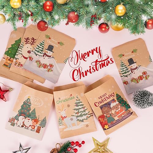 Miniatura 5 de Kolewo4ever 240 bolsas de papel kraft de Navidad con árbol de Navidad, Papá Noel, impresiones de alce, bolsas de regalo de aperitivos de Navidad,