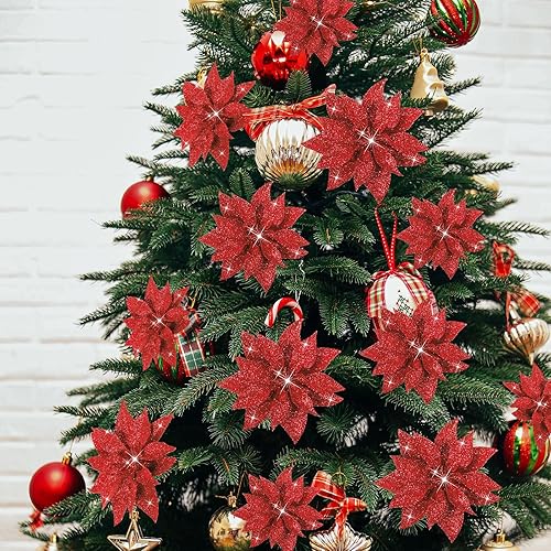 Miniatura 5 de Chunyin 24 Piezas Flores de Pascua Artificiales de Navidad, 6" 4" 3" Adornos de Flor de Pascua con Purpurina con Clip para Árbol de Navidad