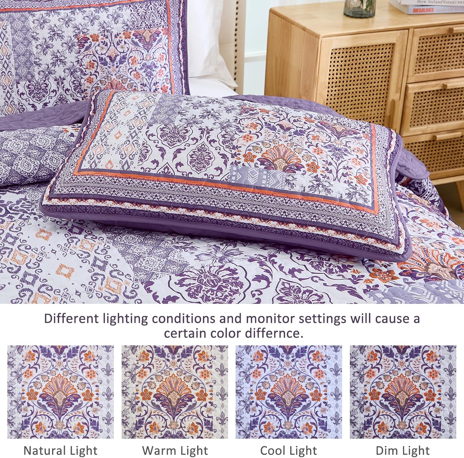 WONGS BEDDING Purle Quilt Set King Size,3 Pieces Boho Patchwork Bedspread Coverlet Set, Lightweight Bohemian Quilt Bedding Set for All Seasons (104"x90")