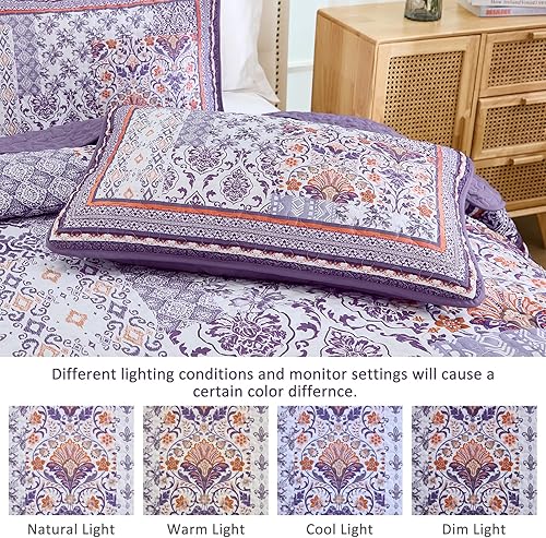 Miniatura 5 de WONGS BEDDING Purle - Juego de edredón tamaño Queen, juego de colcha de retazos bohemios de 3 piezas, juego de ropa de cama ligero bohemio para