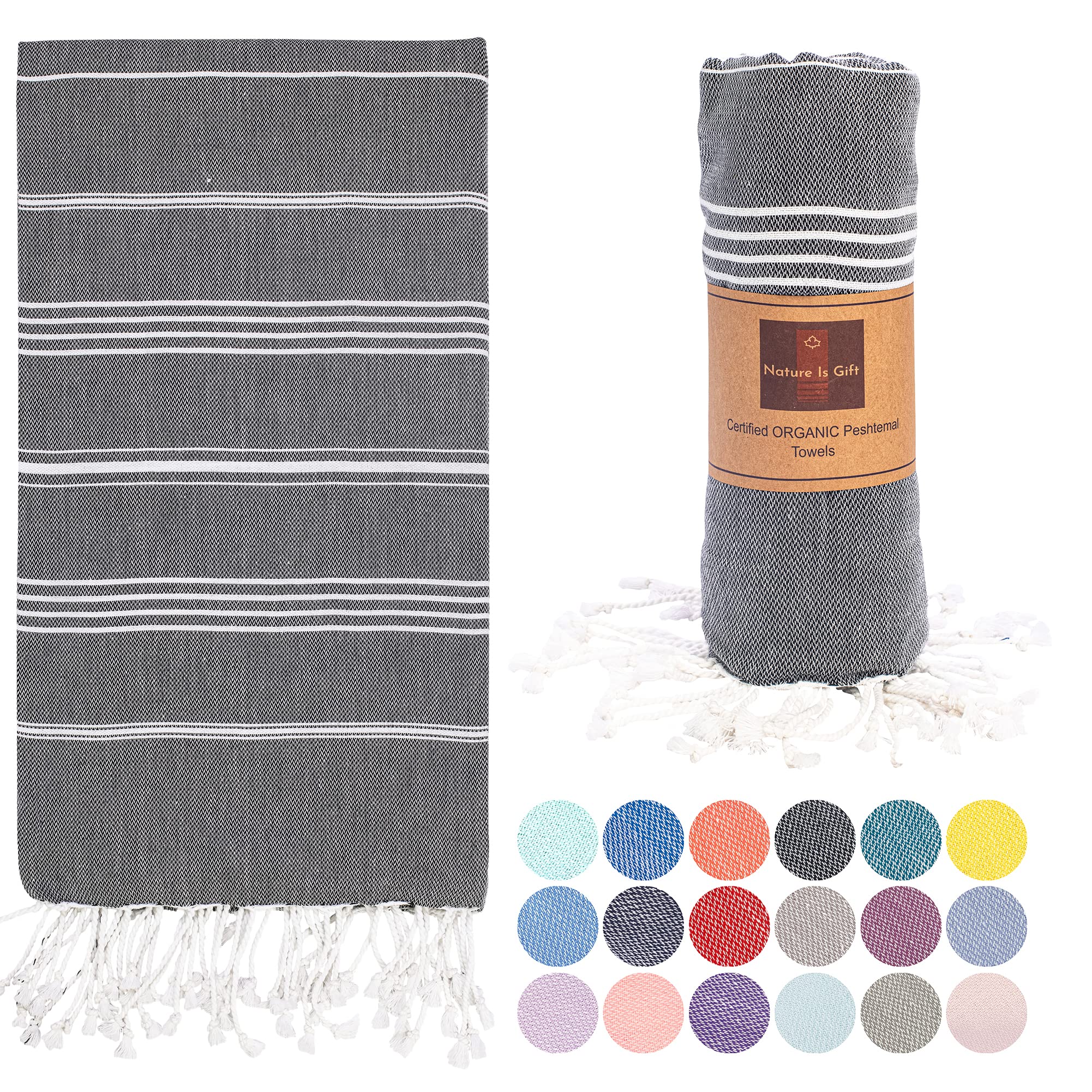 Beach Towel 100% Cotton Turkish Beach Towel Adult 38x70 Inch Pre-washed Absorbent Extra Large|Sand Free Quick Dry BathTowels|Lightweight Blanket|Travel Cruise Camping Spa Gym Yoga Towel|Black