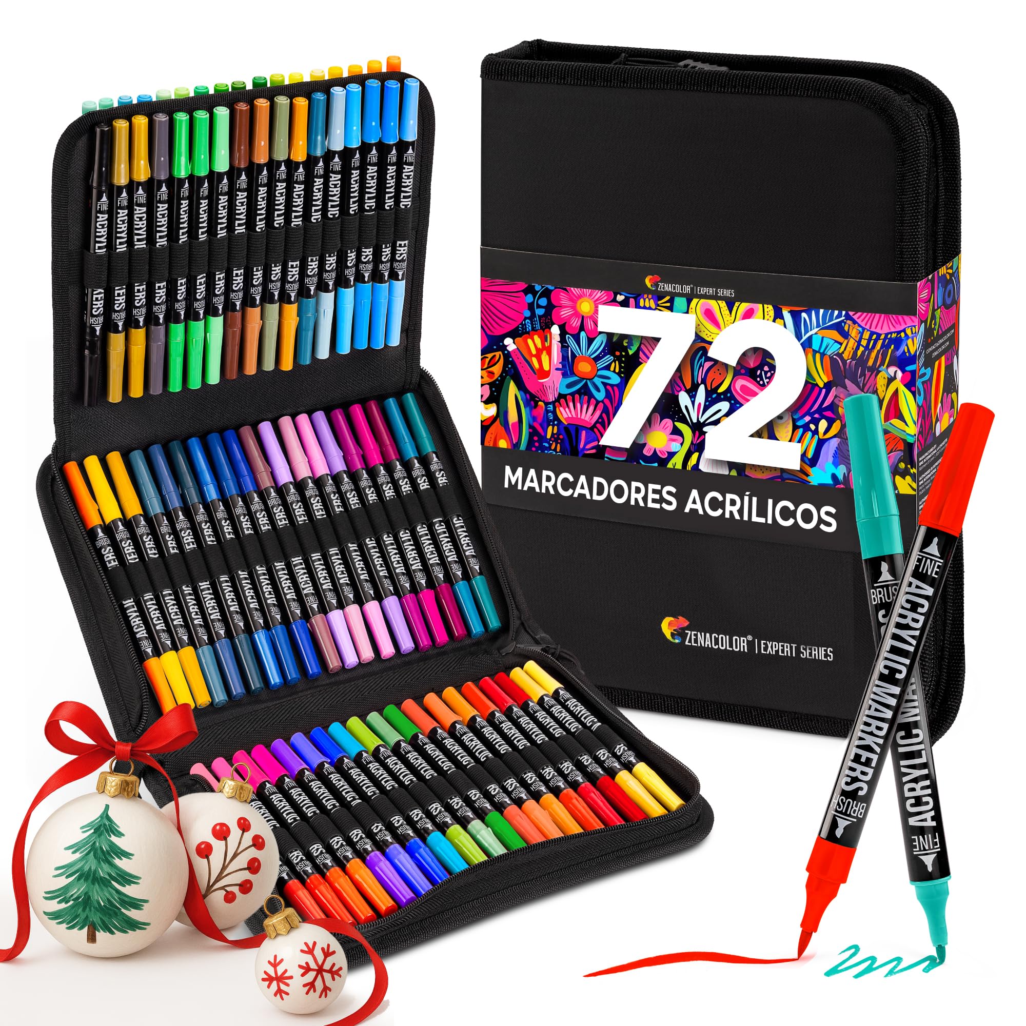 Zenacolor Acrylic Markers with Dual Tips (Fine Tip and Brush) - 72 Colors of Acrylic Markers for Different Surfaces - Acrylic Markers for Painting Case Included