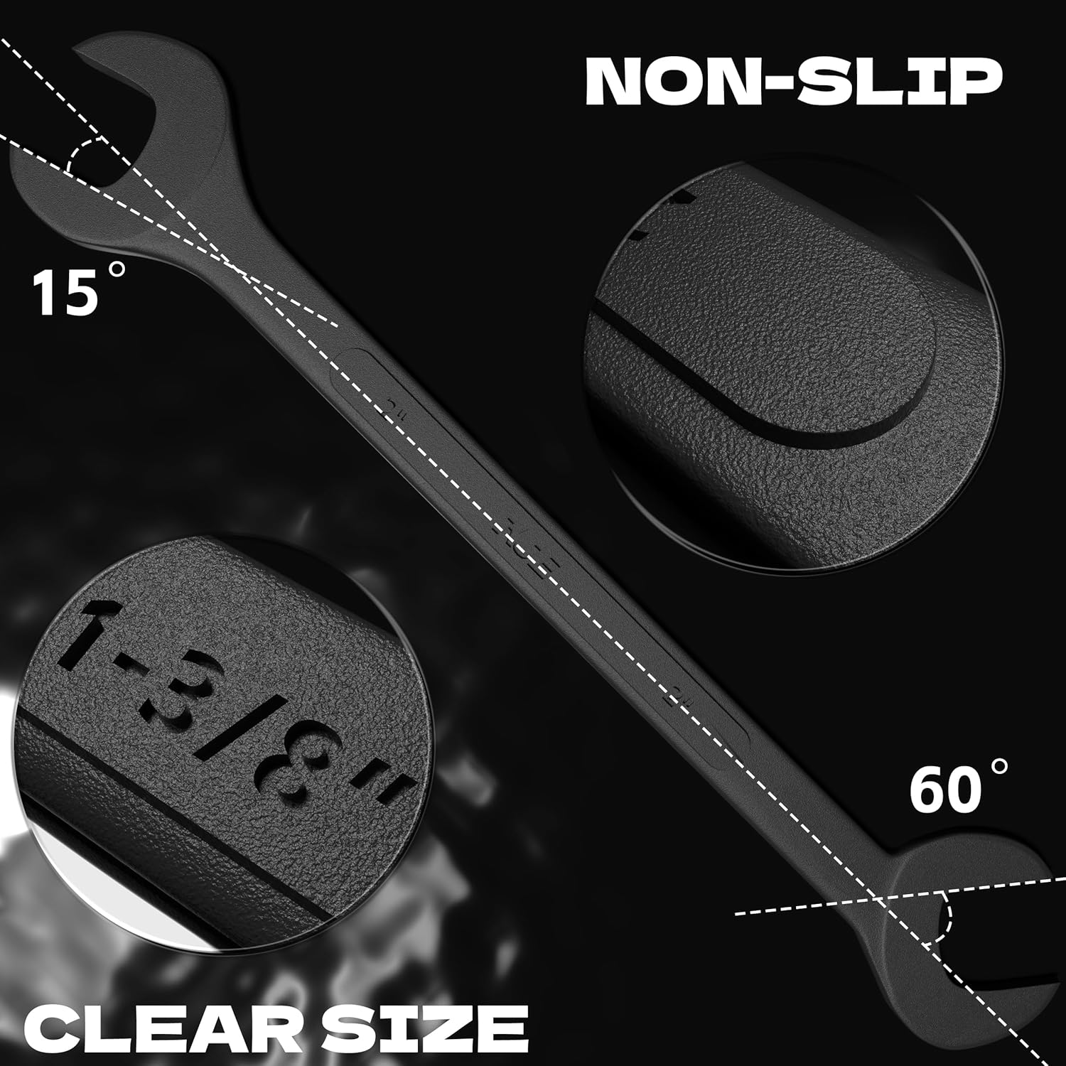 KJE 6PCS SAE 1 3/8" to 2" Black-Oxide Jumbo Angle Wrench Set, Large Big Wrench Set, 15° & 60° Angled Heads, High Carbon Steel & Storage Bag for Heavy-Duty Mechanics & Automotive, & Truck