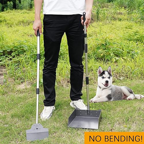 Miniatura 7 de Juego de cuchara para excrementos, bandeja de aluminio de metal y pala con mango largo ajustable de acero inoxidable, eliminación de residuos de