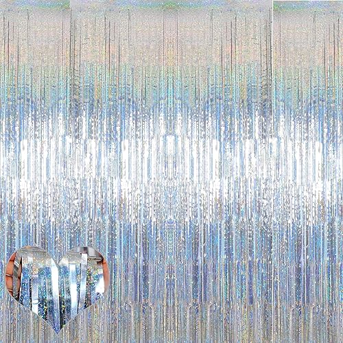 Paquete de 4 cortinas de flecos plateados, 3.2 pies x 8.2 pies, serpentinas de flecos metálicos brillantes para cabina de fotos, cumpleaños, boda,