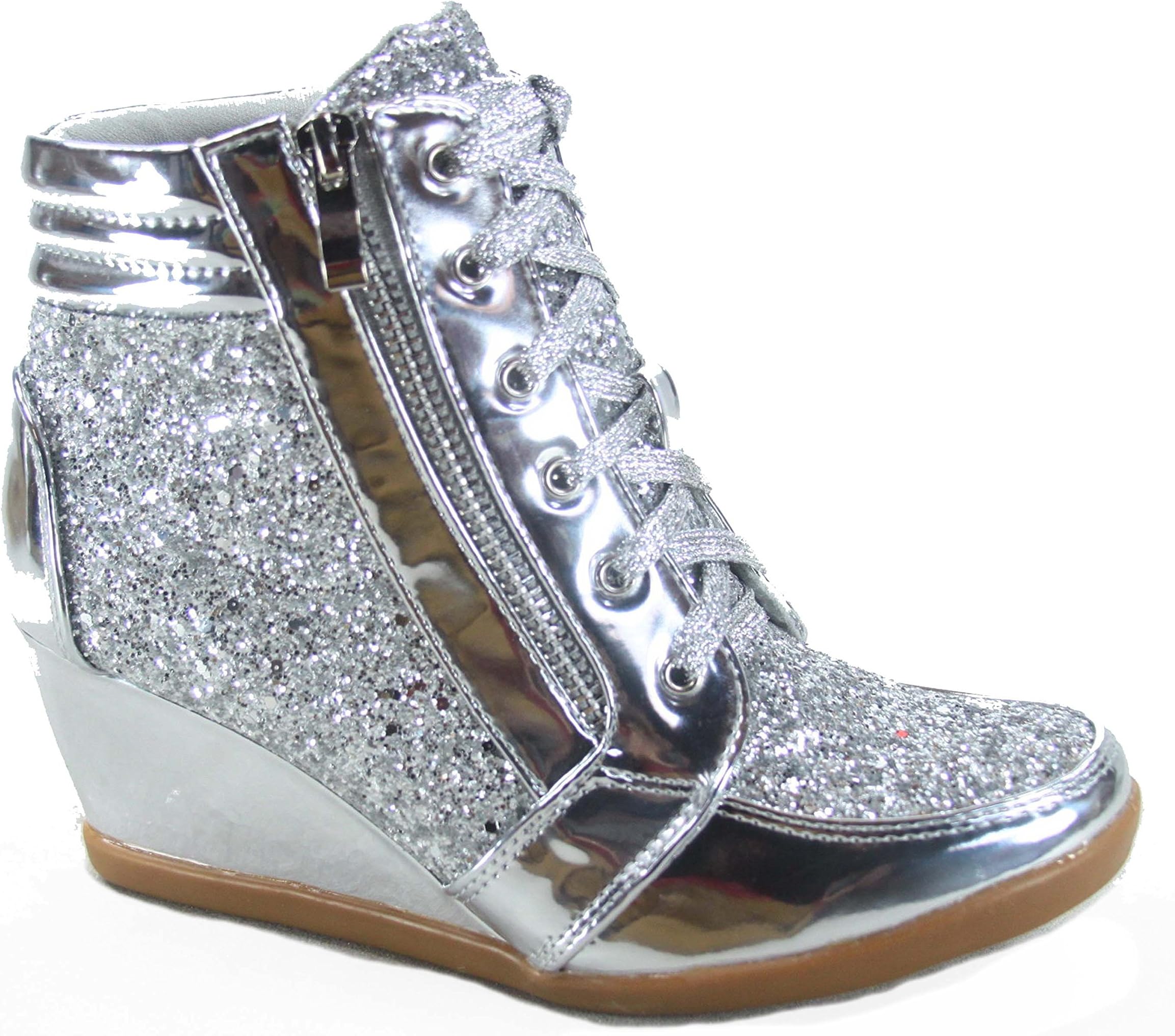 Women's Fashion Glitter High Top Lace Up Wedge Sneaker Shoes