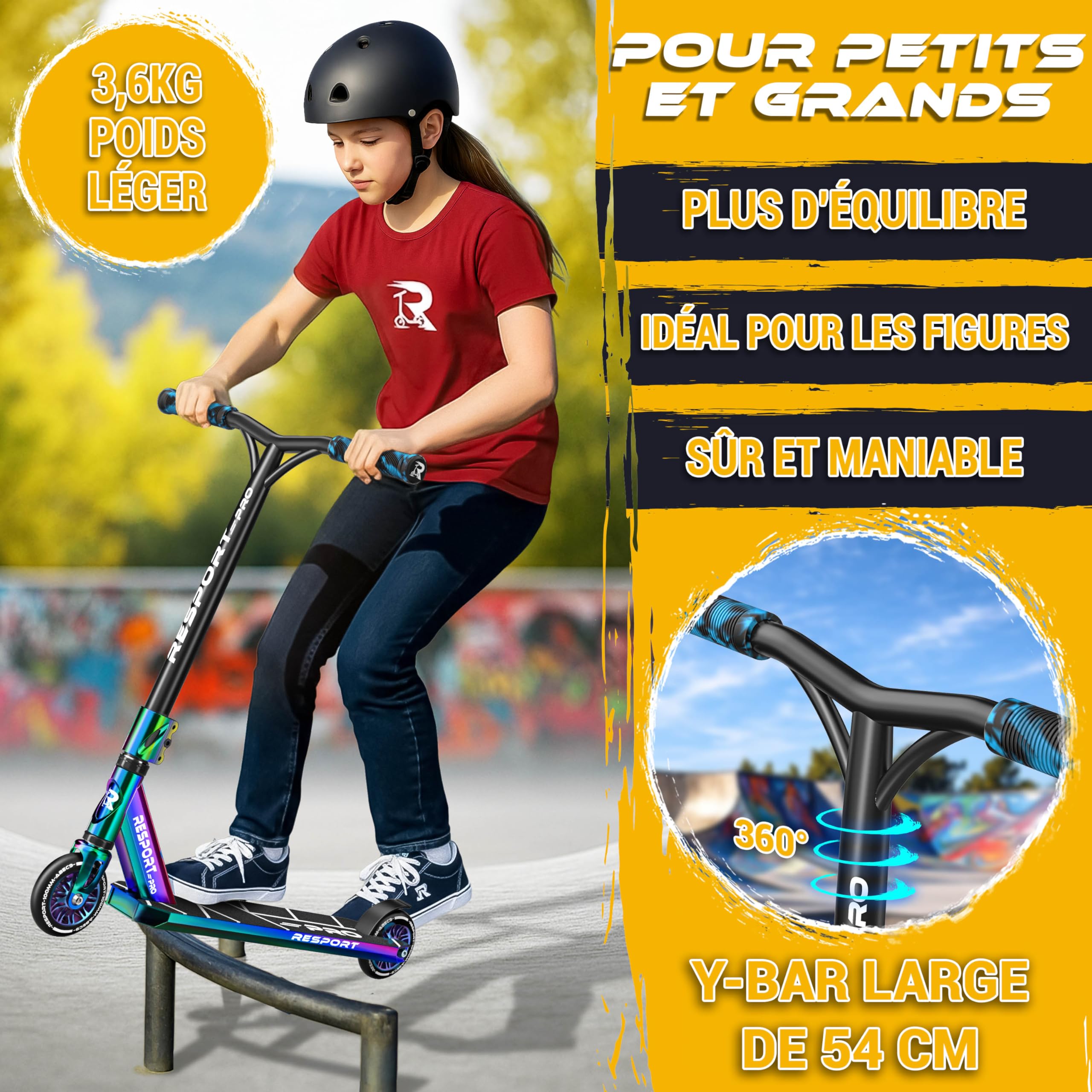 RE:SPORT Trottinette Stunt Revo Pro pour enfants et adultes, avec support, 110 mm, roues en PU et barre en Y, roulement à billes ABEC 9, trottinette cascade, trottinette cascade, trottinette freestyle
