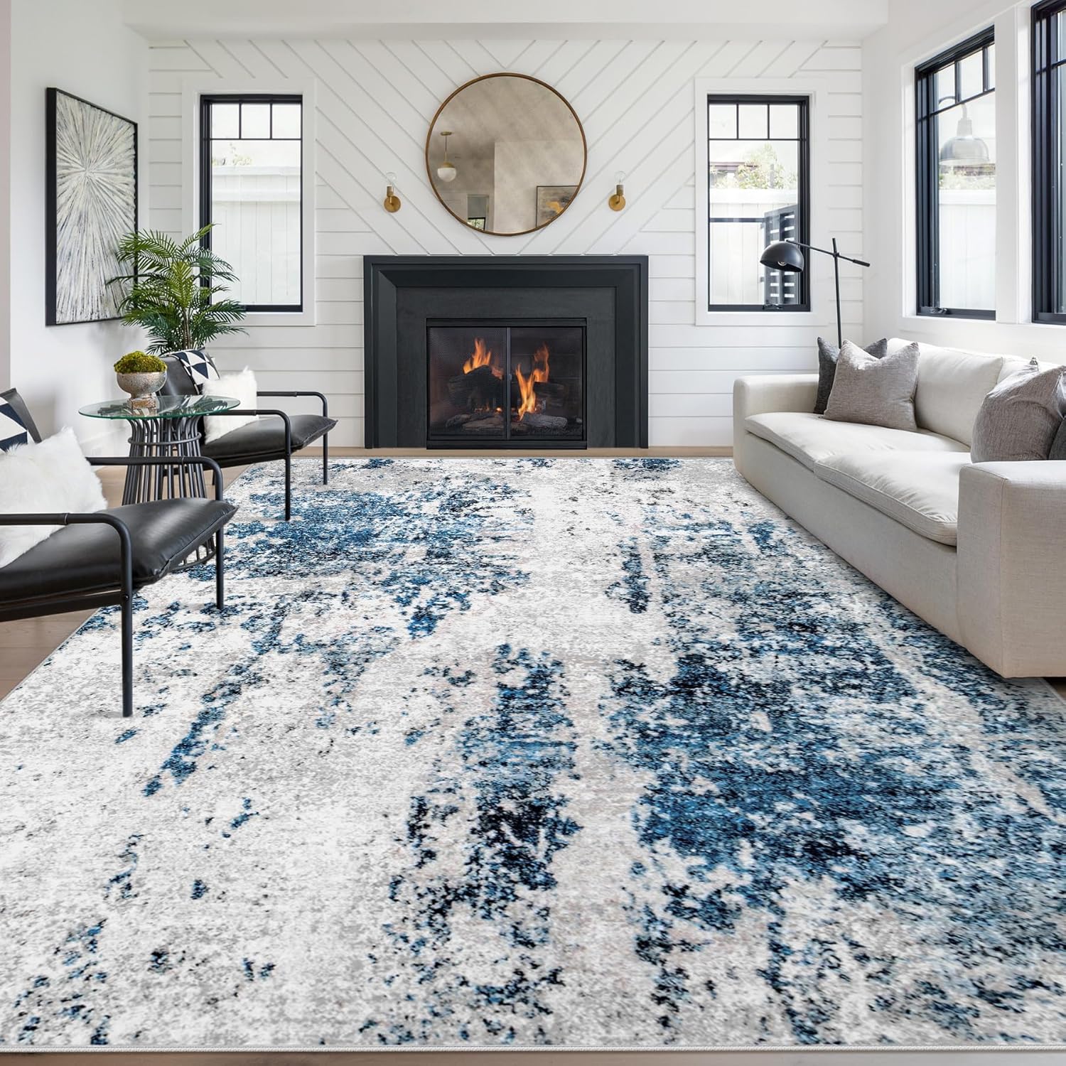 Abstract Living Room Area Rug, 8x10 Large Soft Washable Rug Non-Slip Non-Shedding Low-Pile Indoor Floor Accent Carpet for Bedroom Dining Room Nursery Home Office (Grey Blue,8'x10')