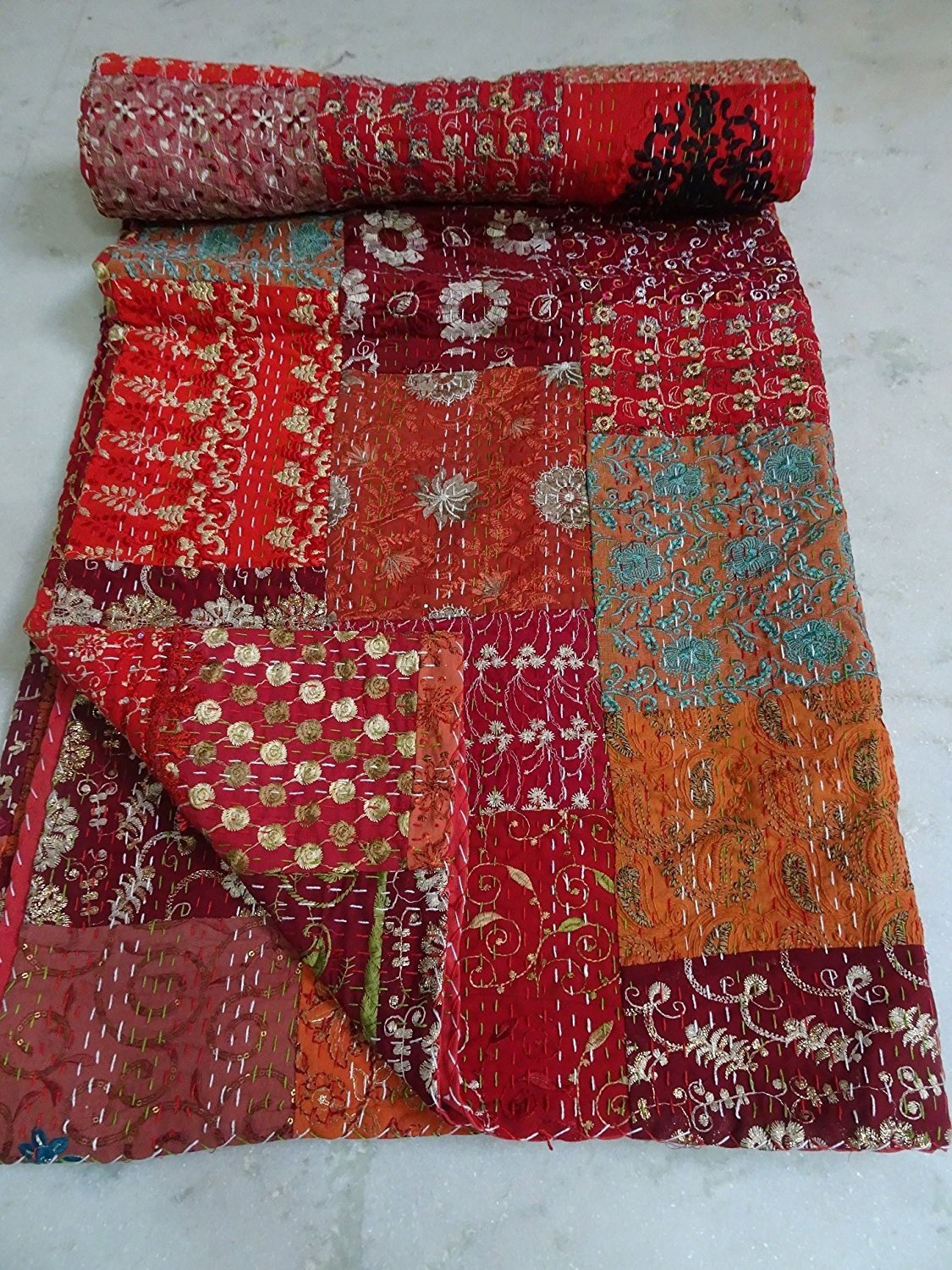 Sophia-Art Multi Patola Cotton Patch Work Kantha Quilt, Kantha Blanket Bedspread, Patch Kantha Throw, King Kantha, Kantha Rallies Indian Sari Quilt, Size 90" X 108"