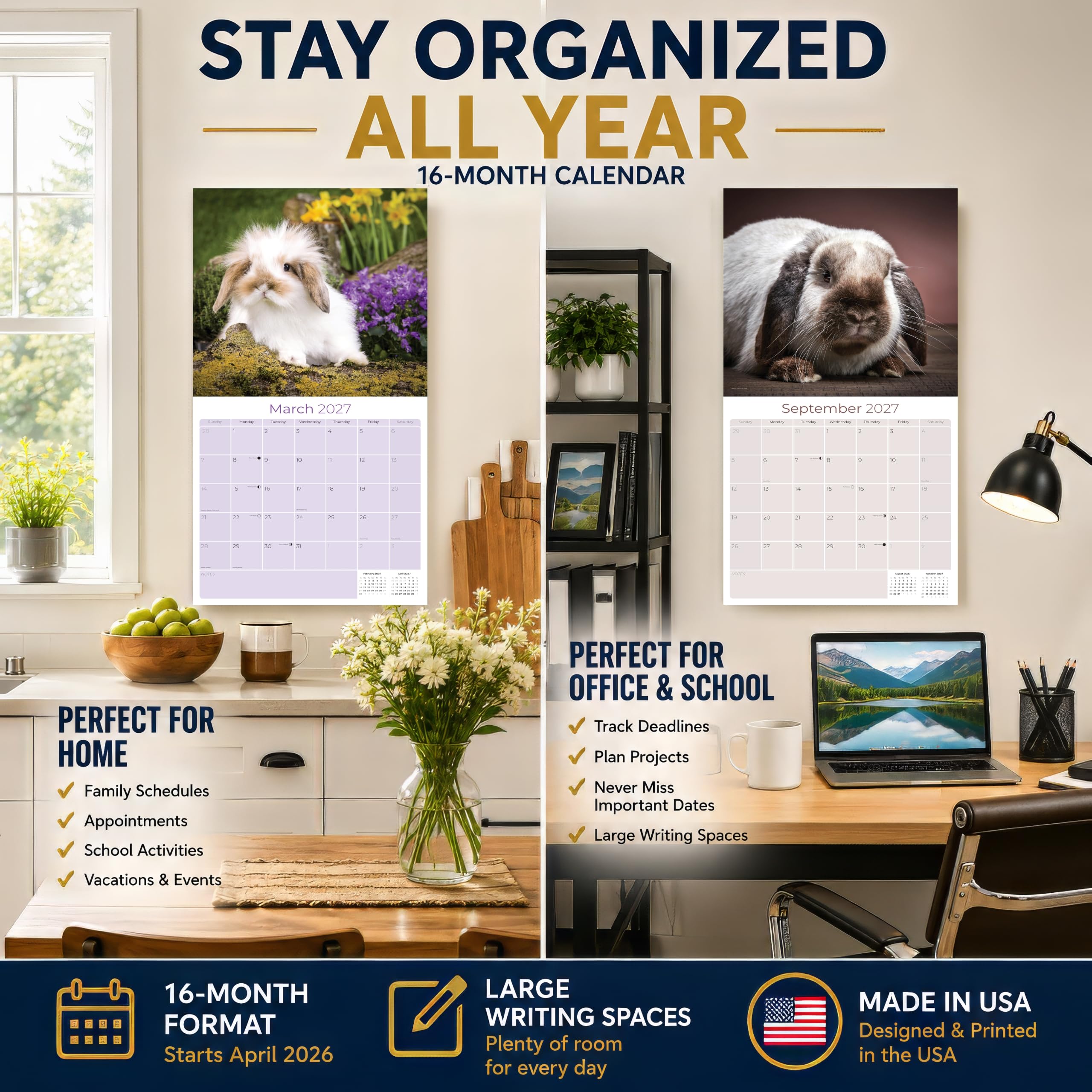 2023 2024 Lop Eared Rabbit Kalender – Niedlicher Tier-Monats-Wandkalender – 30,5 x 61 cm offen – dickes Papier ohne Blättchen – Geschenk – Akademischer Lehrerplaner Kalender Organisieren & Planen