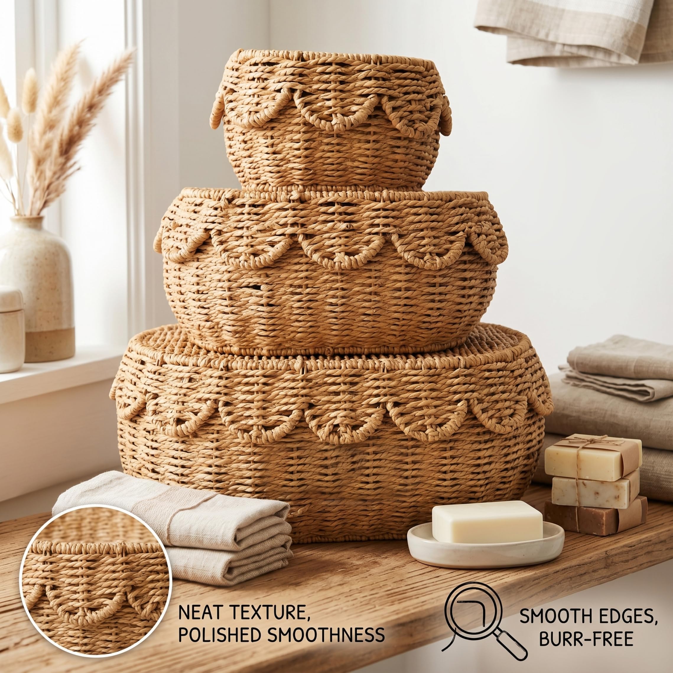 Cesta festoneada con tapa, 3 cestas de mimbre con tapa, cestas de almacenamiento naturales tejidas a mano para baño y guardería, 3 tamaños