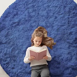 OLANLY Navy Blue Round Rugs for Bedroom - Machine Washable, 6 ft Circle Area Rugs for Living Room, Soft and Fluffy Shaggy Carpet for Teen Girls and Boys, Nursery Rooms, Dorms, Home Decor Aesthetic
