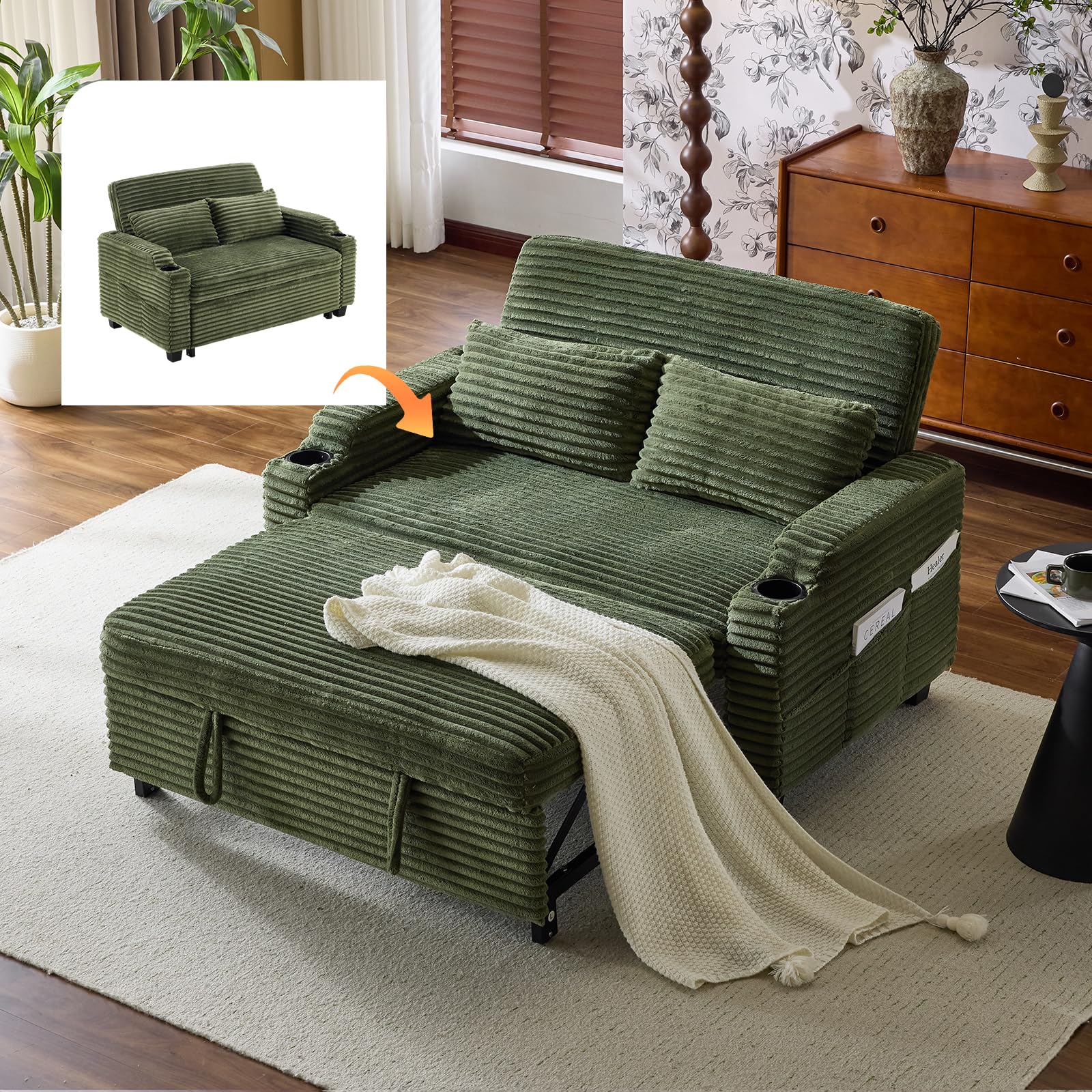 VINGLI Green Futon Sofa Bed Convertible Loveseat