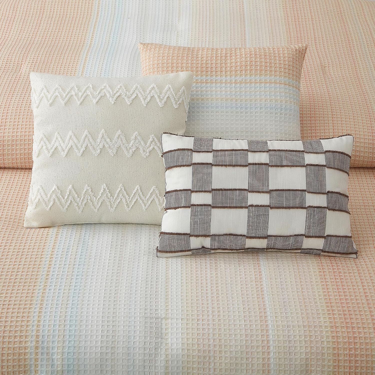 LANCO MODERN LIFESTYLE 7 Pieces Queen Comforter Set, Pink White, Waffle Jacquard Woven, Bed in a Bag, Modern and Elegant Bedding Set for All Seasons with Shams, Bedskirt, Decorative Pillows