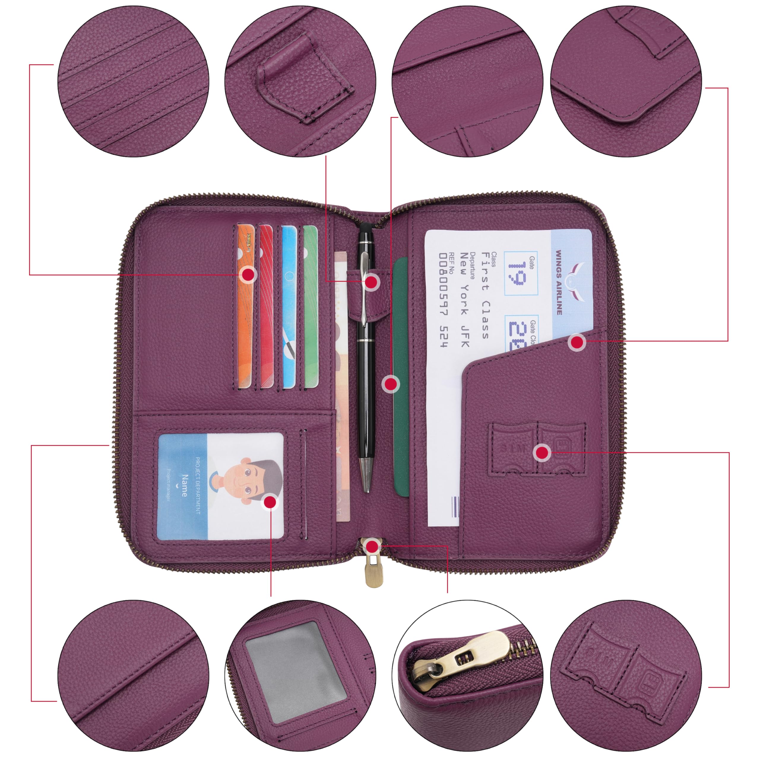 WASON Cartera de Pasaporte de Viaje de Cuero con Cremallera Protección RFID, Funda para Pasaporte con Compartimentos para Tarjetas, Efectivo, DNI, Tarjeta de Embarque y Billetes (Morado)