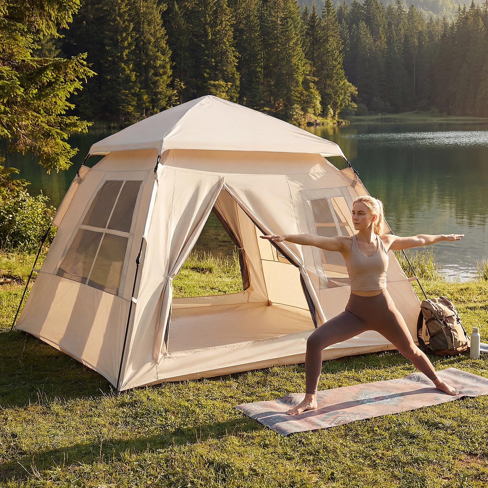 SOARS Tenda da Campeggio 3-4 Persone, Tenda Familiare con 4 Finestre Antizanzare Traspiranti e 2 Porte, Telo Antipioggia Rimovibile e Protezione Solare, Facile da Montare