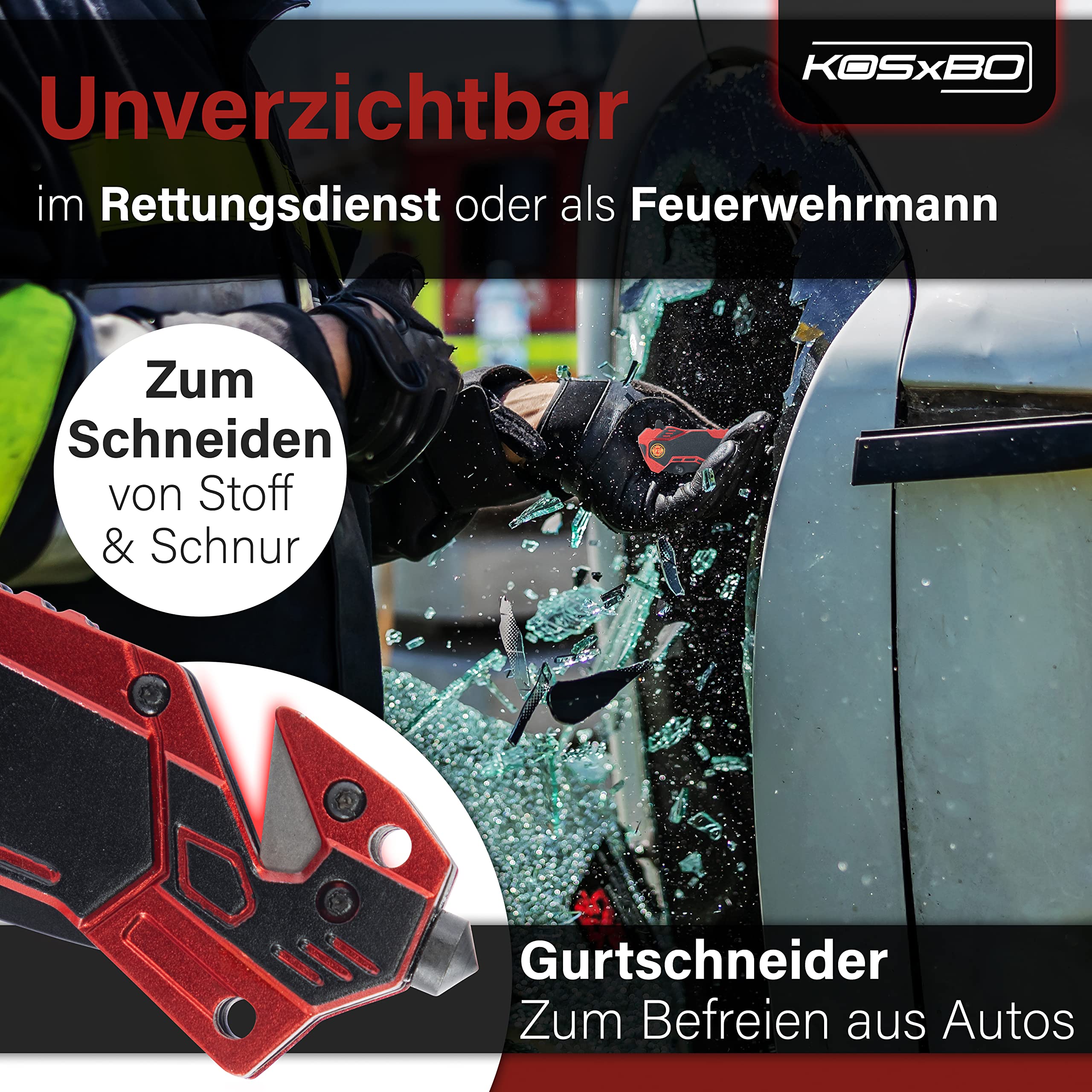 KOSxBO Firefighter Rescue Knife EMS Rettungsmesser mit Glasbrecher und Gurtschneider inkl. Messertasche und Dog Tag, Feuerwehr Messer Outdoor Taschenmesser Klappmesser