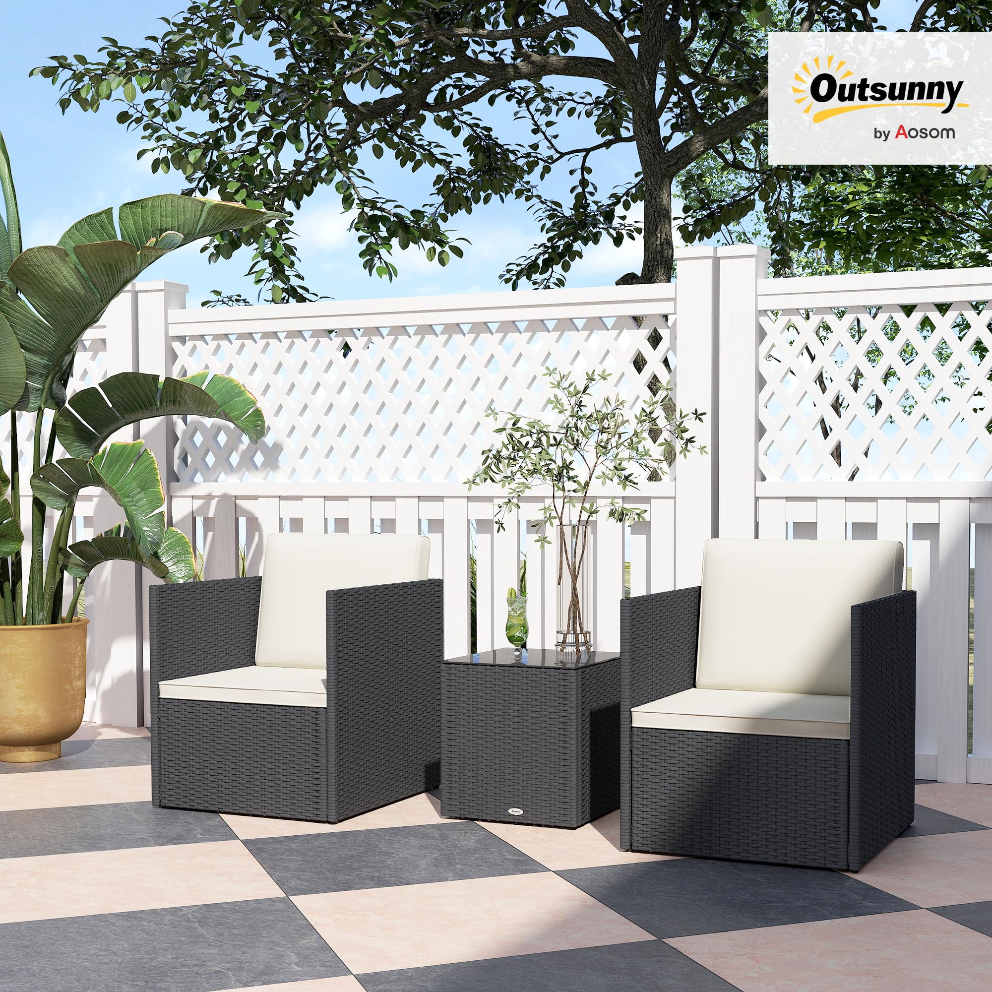 Juego de muebles de patio de 3 piezas, juego de bistró plegable de mimbre para exteriores con cojines lavables, patas ajustables y mesa de centro de cristal, fácil montaje para jardín, balcón 2