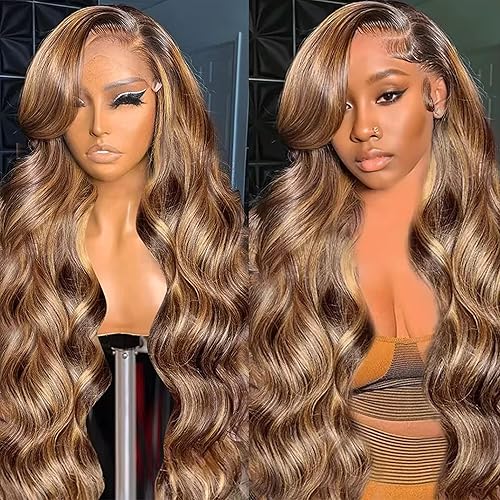 Honey Blonde Ombre 13x6 Lace Front Wig Human Hair 210 Density Highlight Body Wave Lace Front Wigs Human Hair Pre Plucked Glueless Lace Frontal Wig for Women 4/27 Colored 20Inch