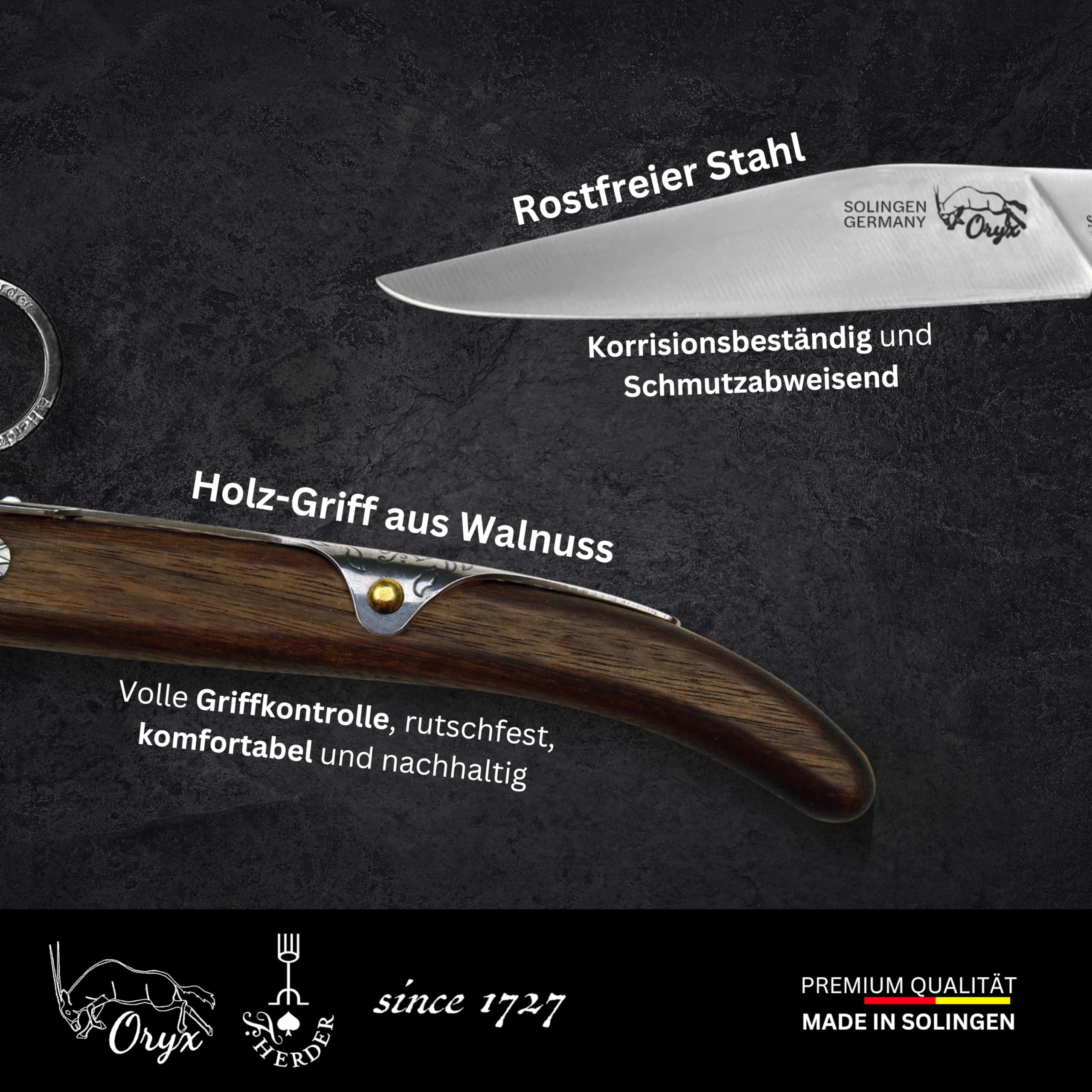 Original Oryx Taschenmesser/Steakmesser, Ring-lock Forkbrand aus Solingen - Walnuss, Premium, 11 cm Klingenlänge, einklappbar