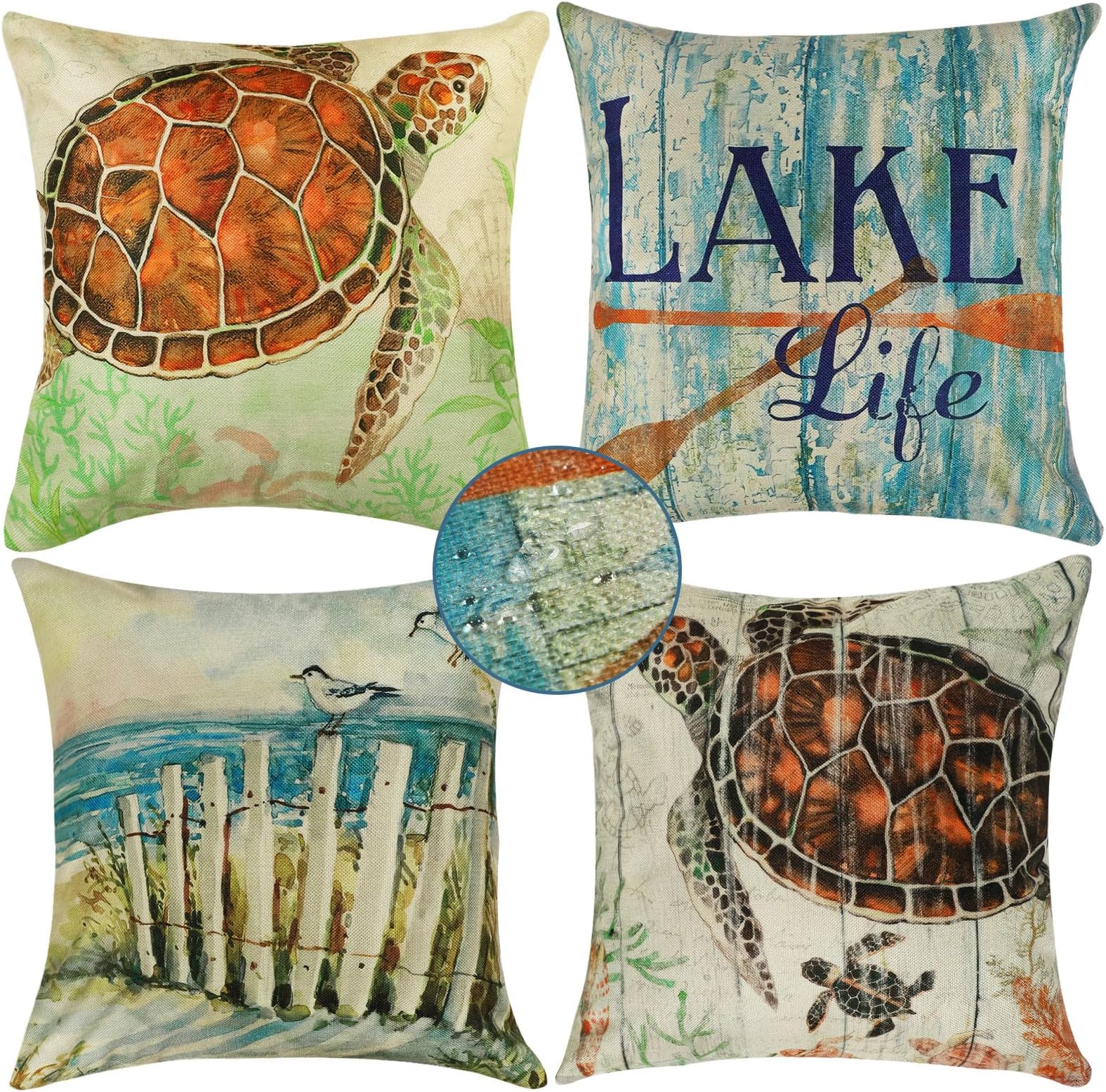 famibayCoastal Outdoor Pillow Covers 18x18 Patio Pillows Outdoor Waterproof Sea Turtle Lake Life Pillows for Patio Furniture Swing Bench Porch(Set of 4)