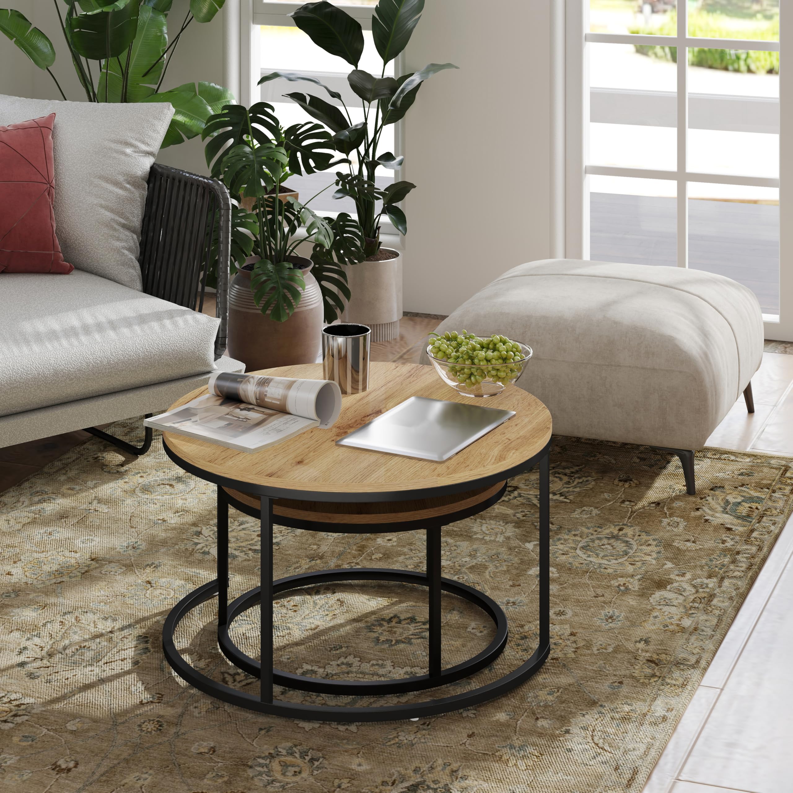 Mesa de Centro Redonda Juego de 2 Mesas Nido 70/50 cm con Tablero Madera y Estructura Metálica Negra, Mesa Auxiliar Moderna para Salón