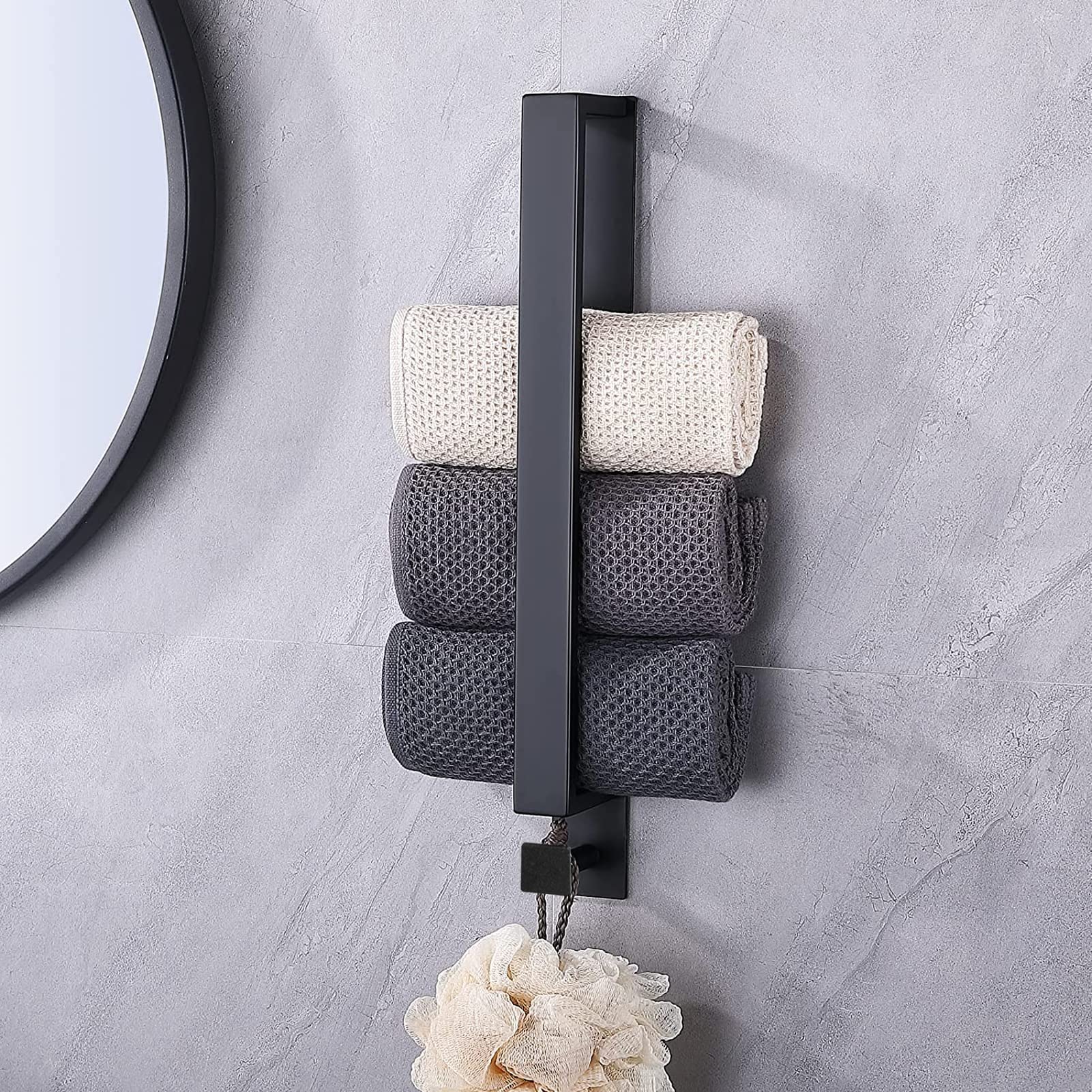 Black Self-adhesive Stainless Steel Towel Bar, No drillinarg Towel Holder Strong Stability Towel Rack , Guest Towel Rod Bathroom Accessories with Hook Storage for Bathroom Kitchen（15.7*2.4*1.2in）…