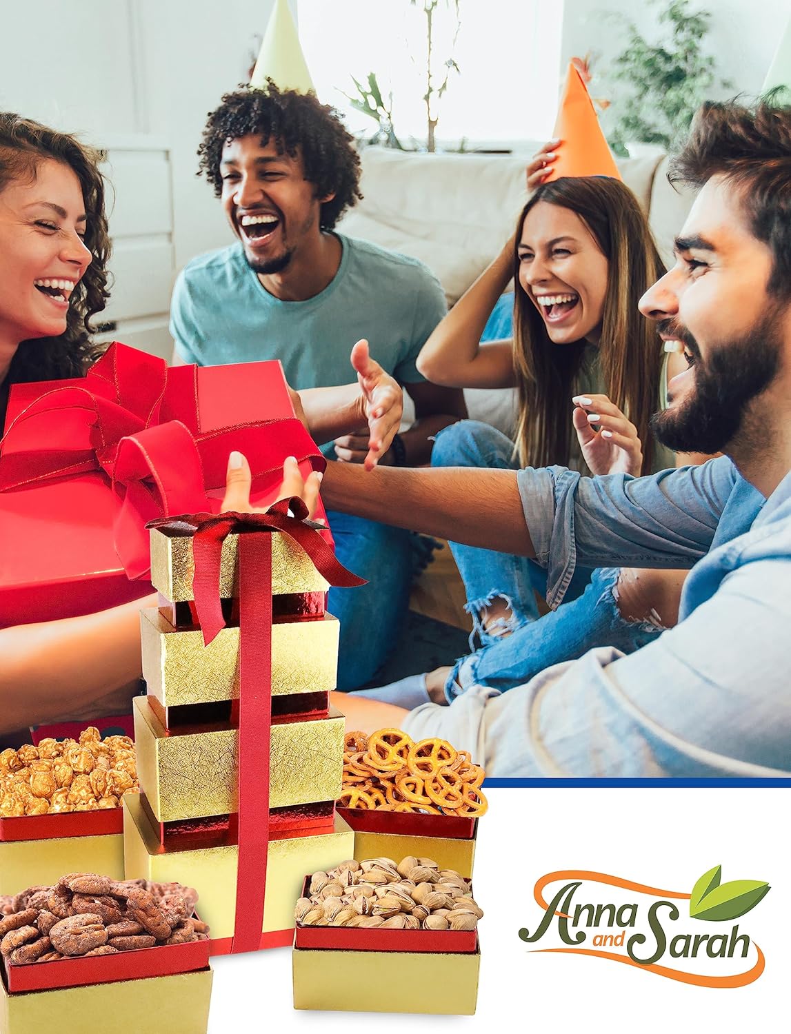 Anna and Sarah Christmas Tower Box, Caramel Popcorn, California Pistachio, Mini Pretzel, Cinnamon Pecan, Birthday Party, Gifts for Men, Fathers, Dad, Women, Friends