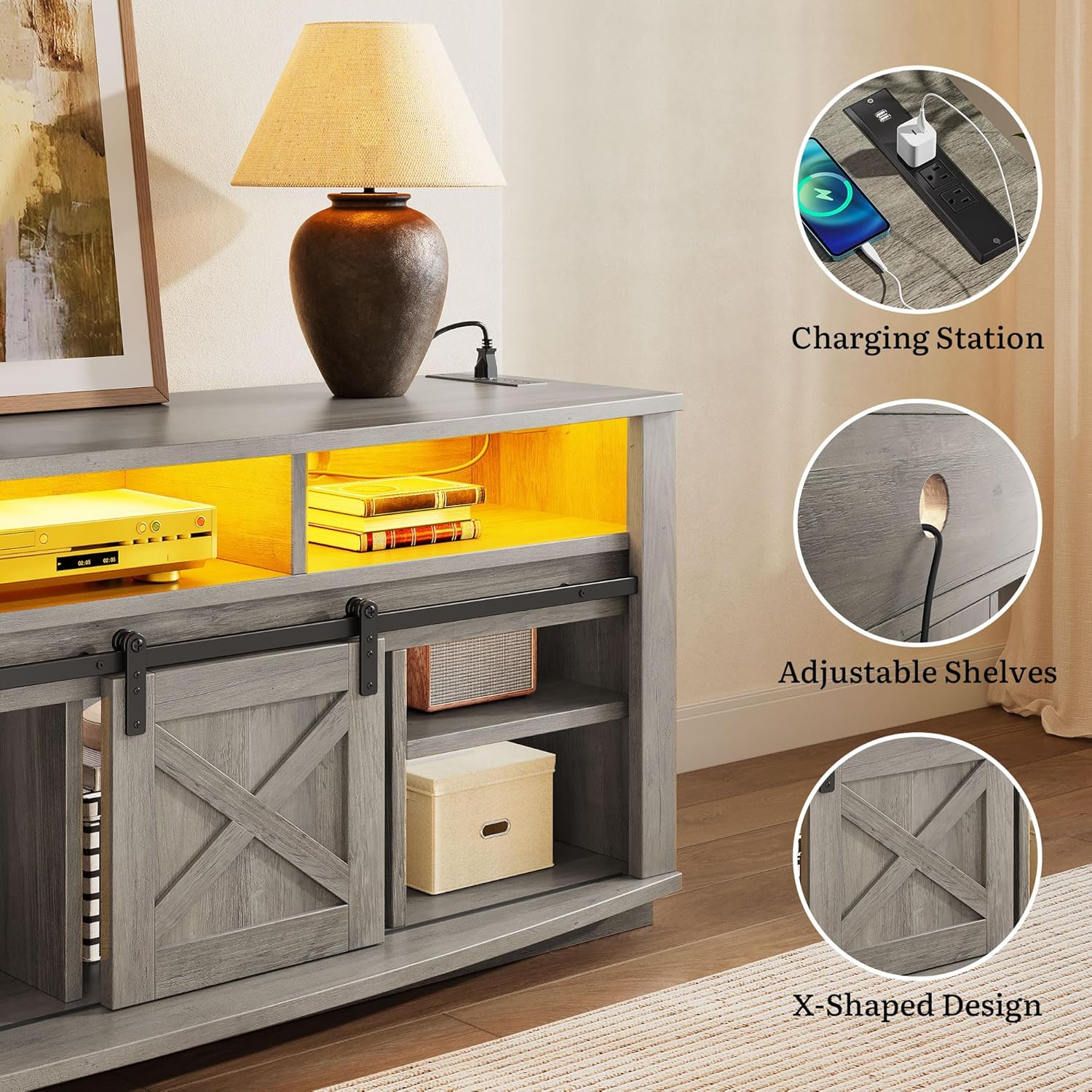 YITAHOME TV Stand for 75/80 Inch TV, Grey Entertainment Center 70 Inches Wide, Media Furniture TV Table with with Power Outlet, TV Consoles for Living Room, Curved Desktop, Sliding Barn Doors