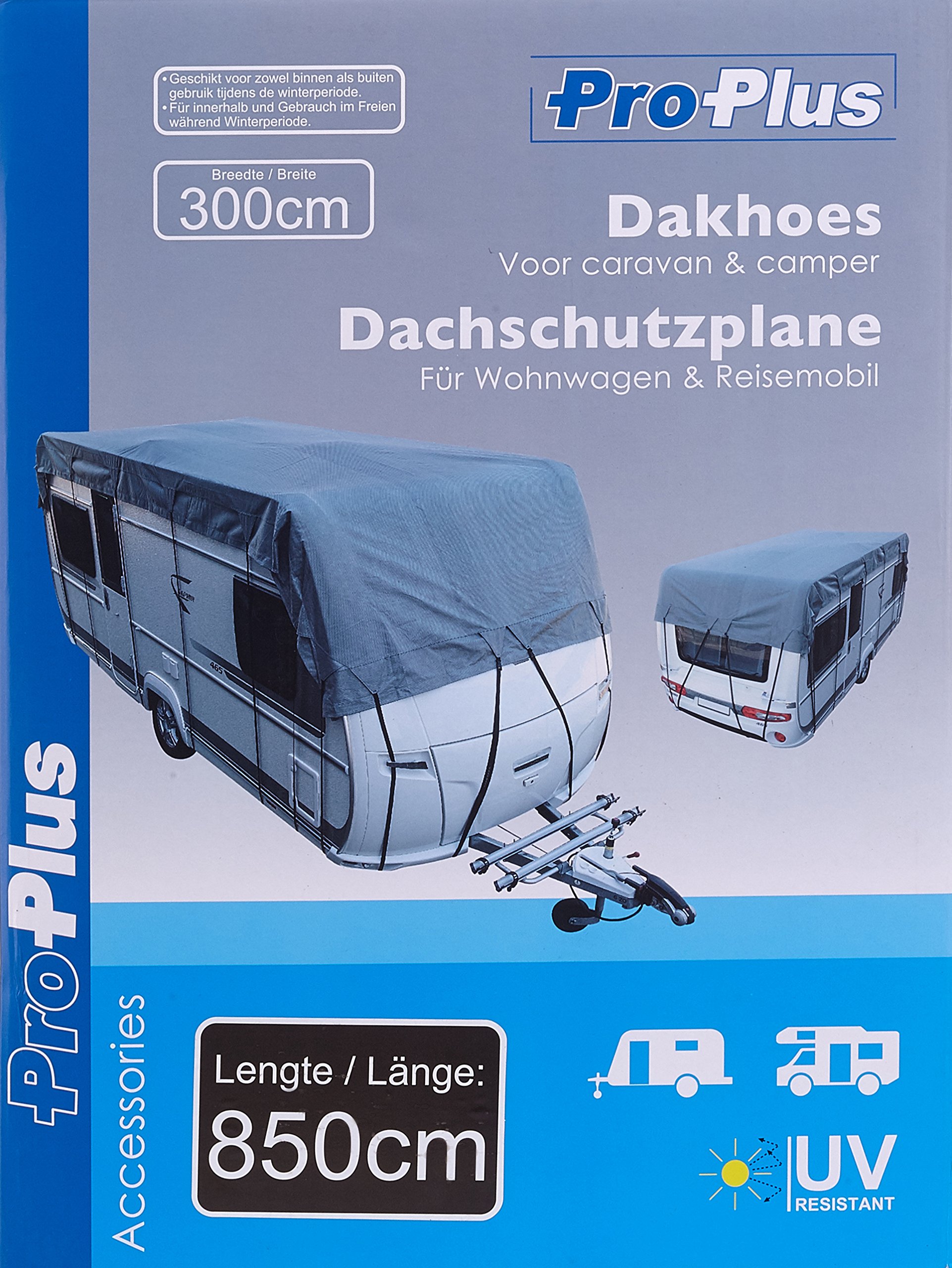 ProPlus Dachschutzplane 8,5 x 3 m – Für Wohnwagen und Reisemobil bis 300 cm Breite – Atmungsaktiv SFS 3-lagig + 14 Gurte – Grau