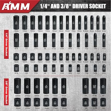 AMM 123Pcs Impact socket set,1/43/8Drive Deep&Shallow Socket wrench set,6 Point Metric&Standard Full 5/32-3/4,4-22mm with Spark plug sockets,72T Ratchet handle,Screwdrivers,for Automotive&Home