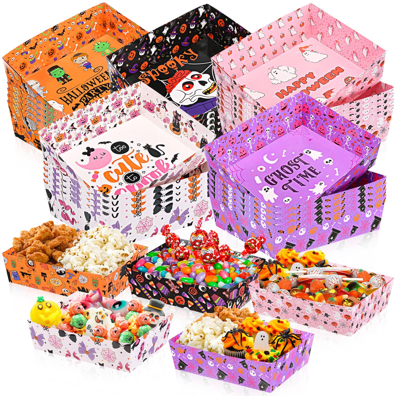 TaoBary 25 Pcs Halloween Paper Serving Bowls Ghost Pumpkin Snack Candy Holder Tray Disposable Halloween Popcorn Bowls Nacho Trays Double Sided Food